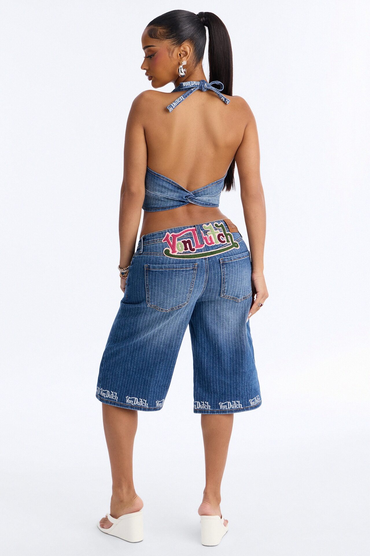 Von Dutch Striped Denim Jorts - Medium Wash