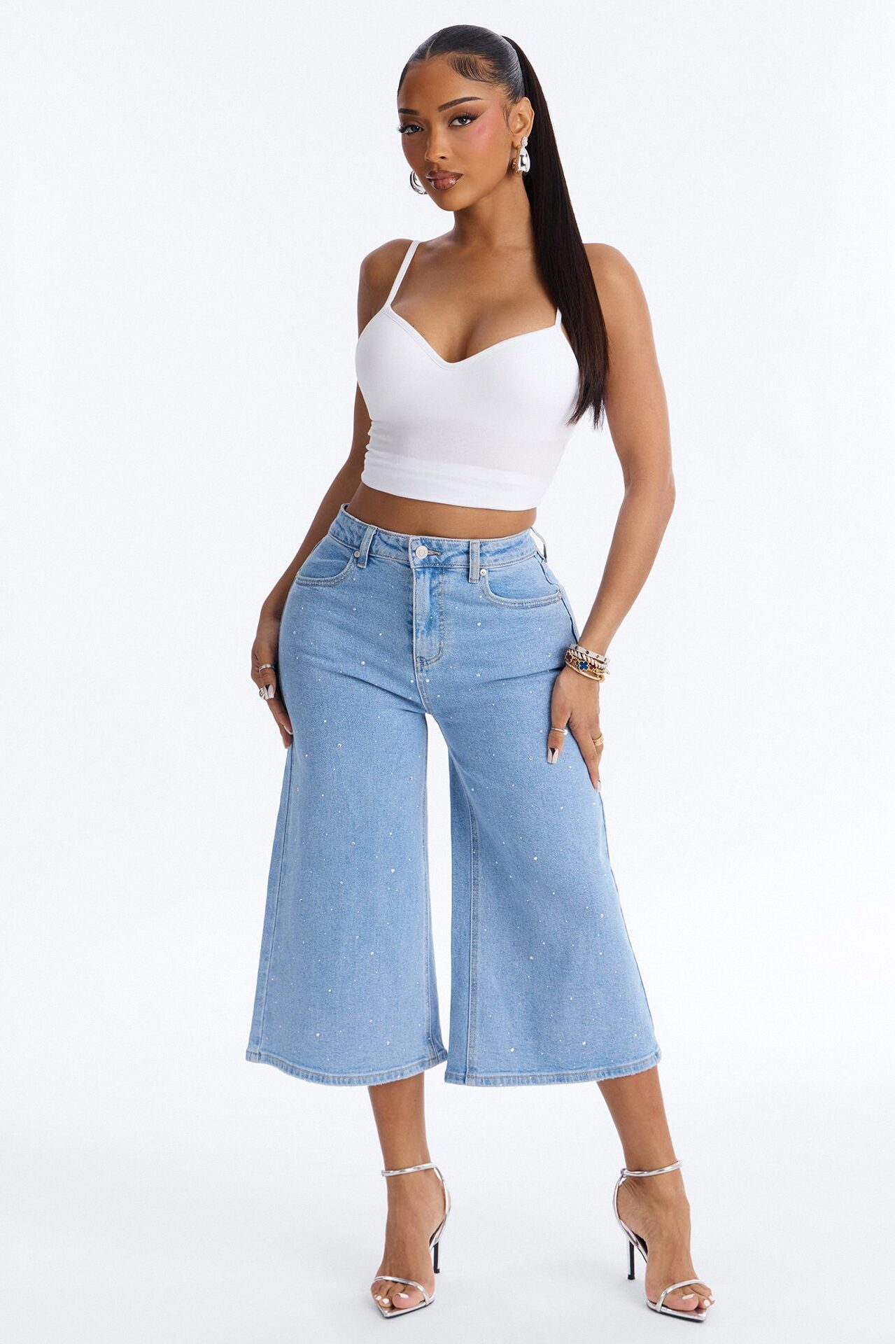Fancy Pants Embellished Denim Culottes - Light Wash