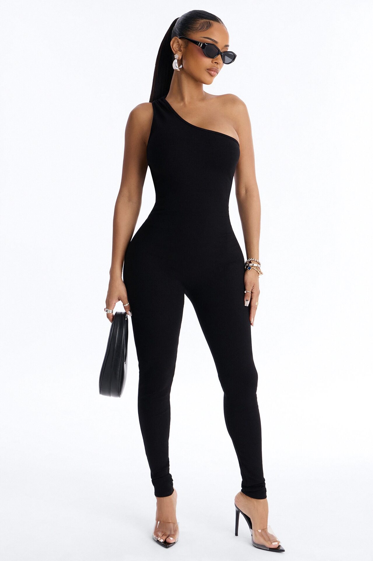 Bianca One Shoulder Snatched Skinny Jumpsuit - Black
