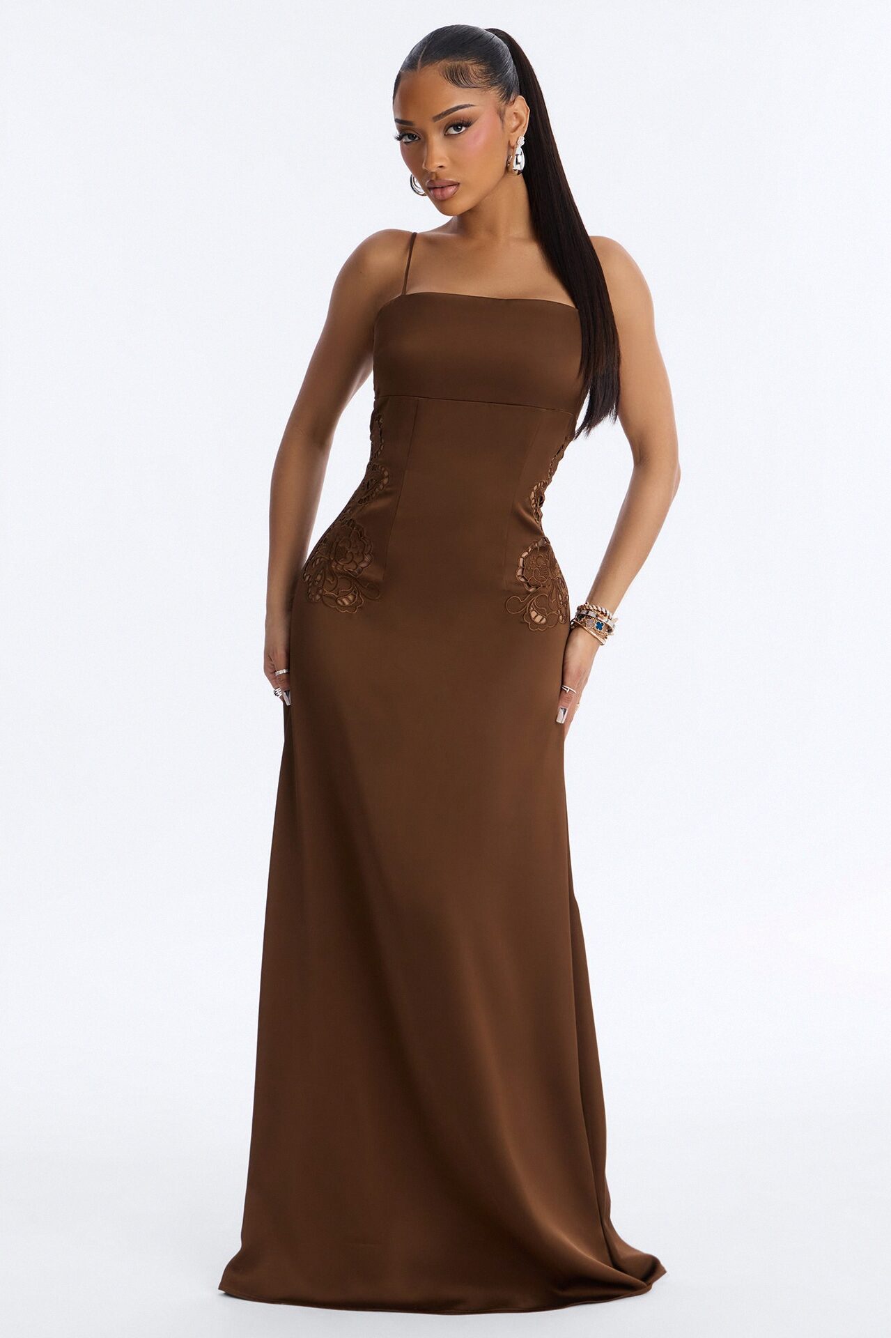 Daisy Embroidered Satin Maxi Dress - Brown