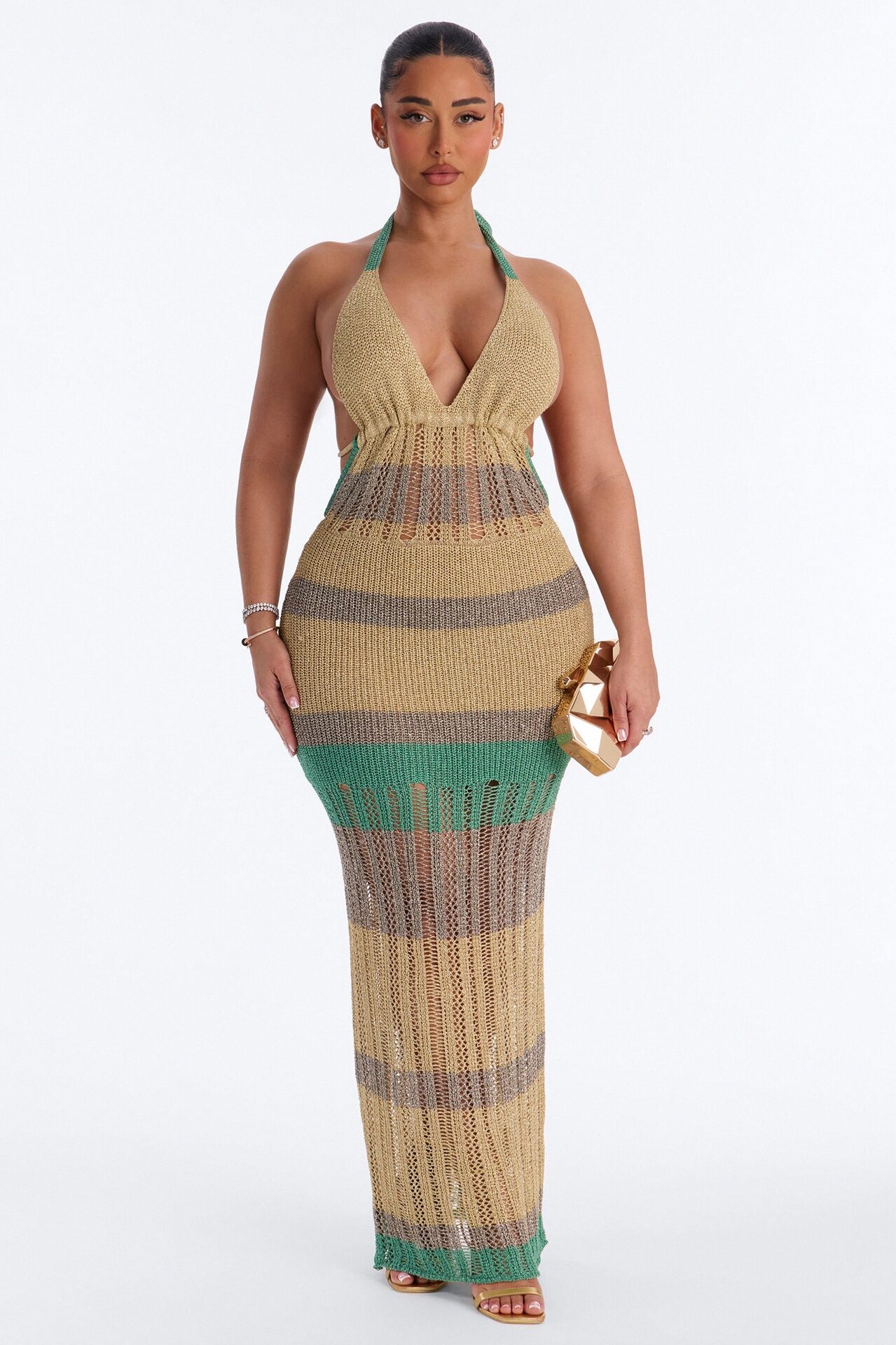 Ocean Goddess Metallic Crochet Maxi Dress - Gold/combo