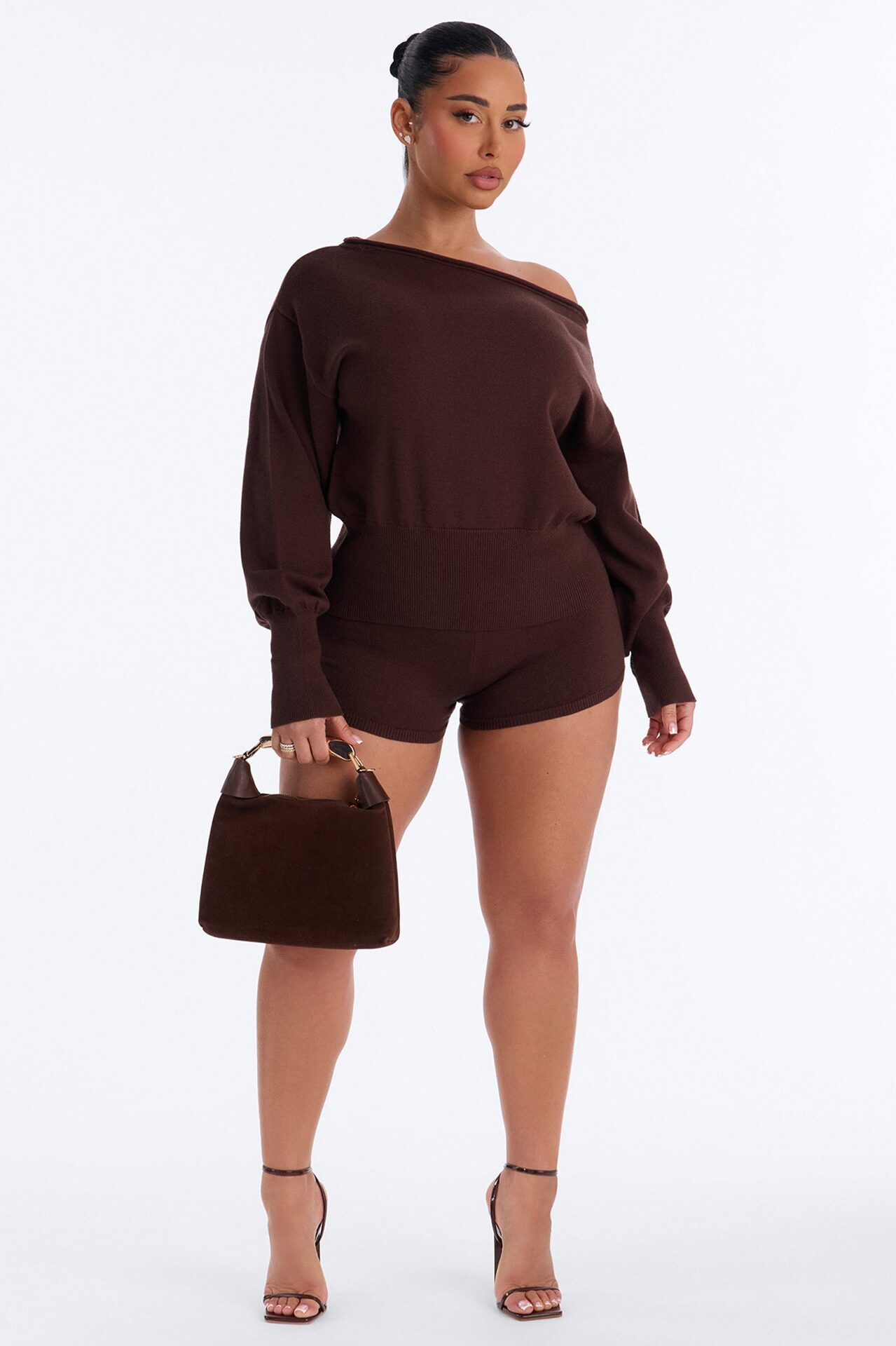 Stephanie Off Shoulder Sweater Micro Short Set - Chocolate