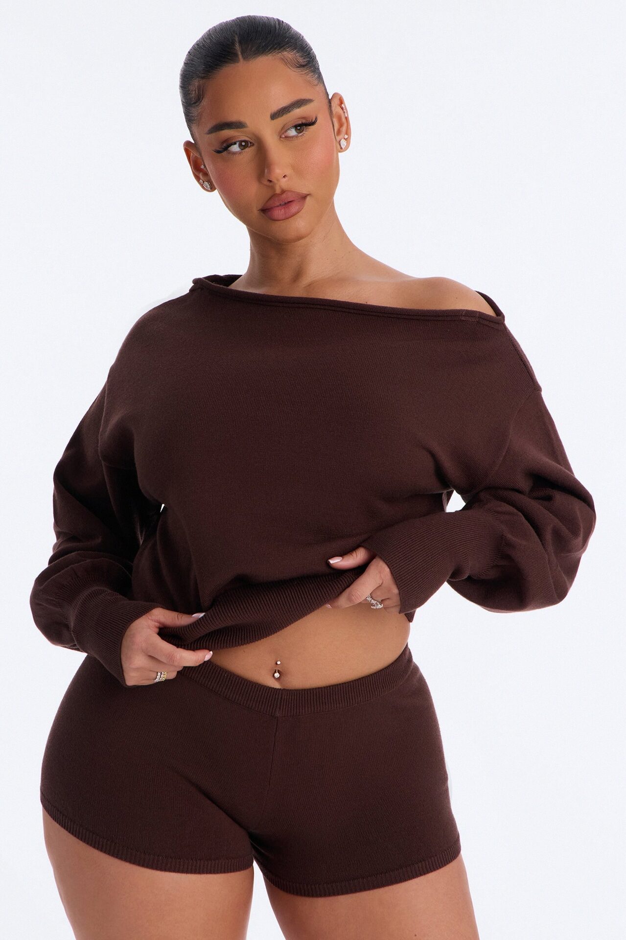 Stephanie Off Shoulder Sweater Micro Short Set - Chocolate