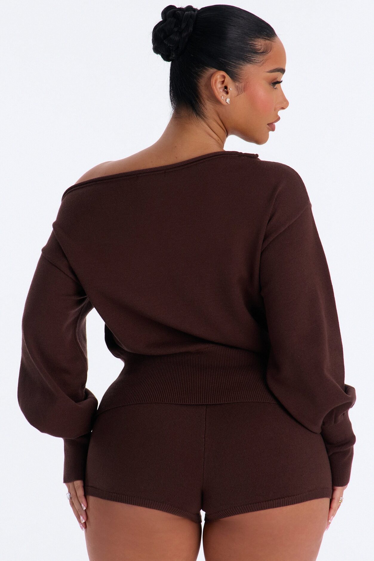 Stephanie Off Shoulder Sweater Micro Short Set - Chocolate