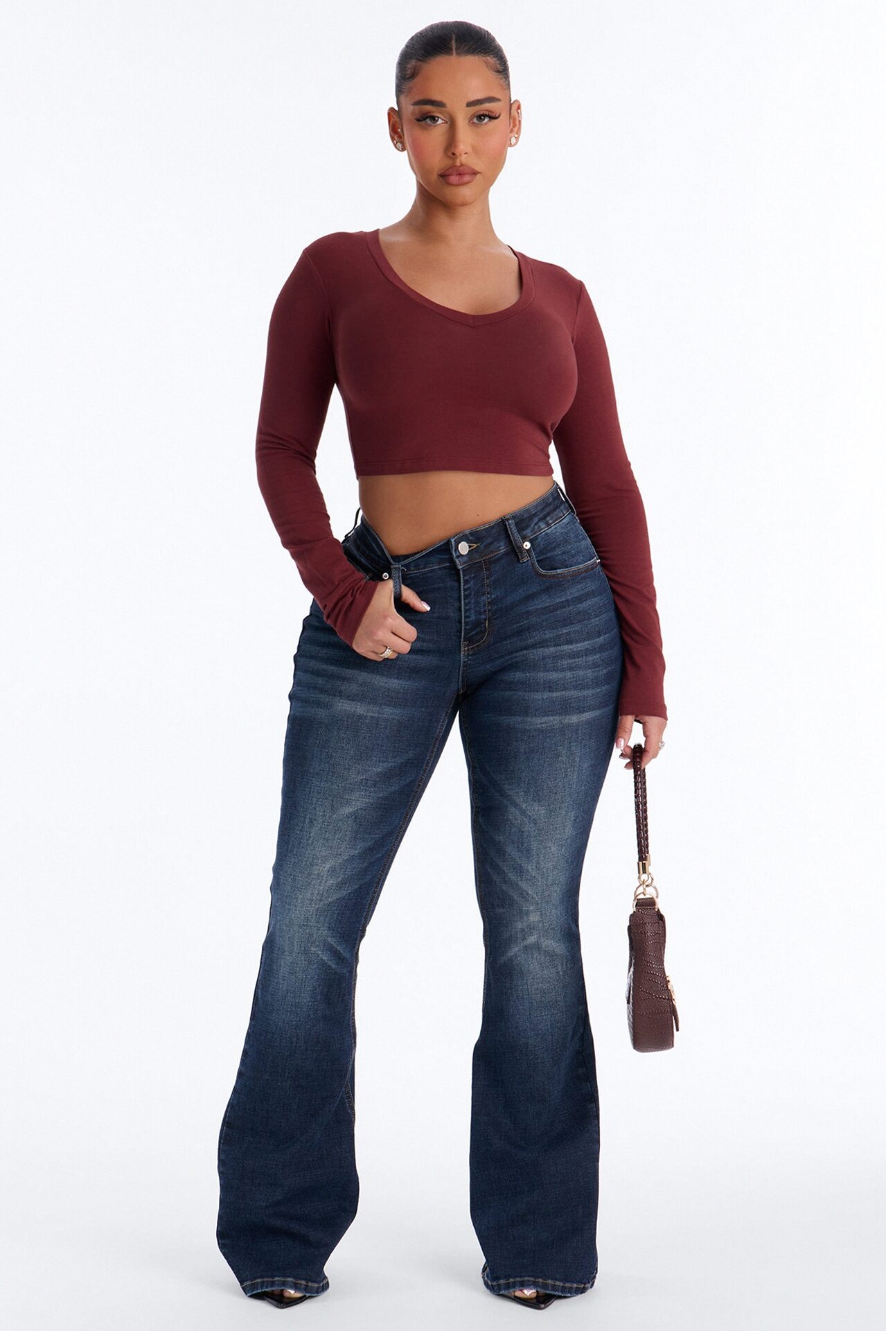 Carly V Neck Crop Long Sleeve Tee - Wine