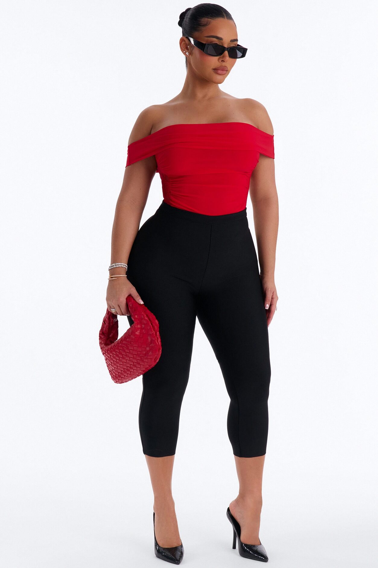 Show A Little Lace Off Shoulder Bodysuit - Red