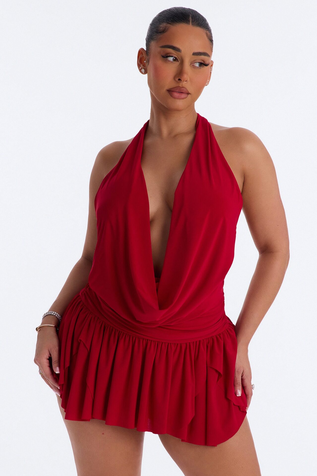 Aria Cowl Neck Mini Dress - Red