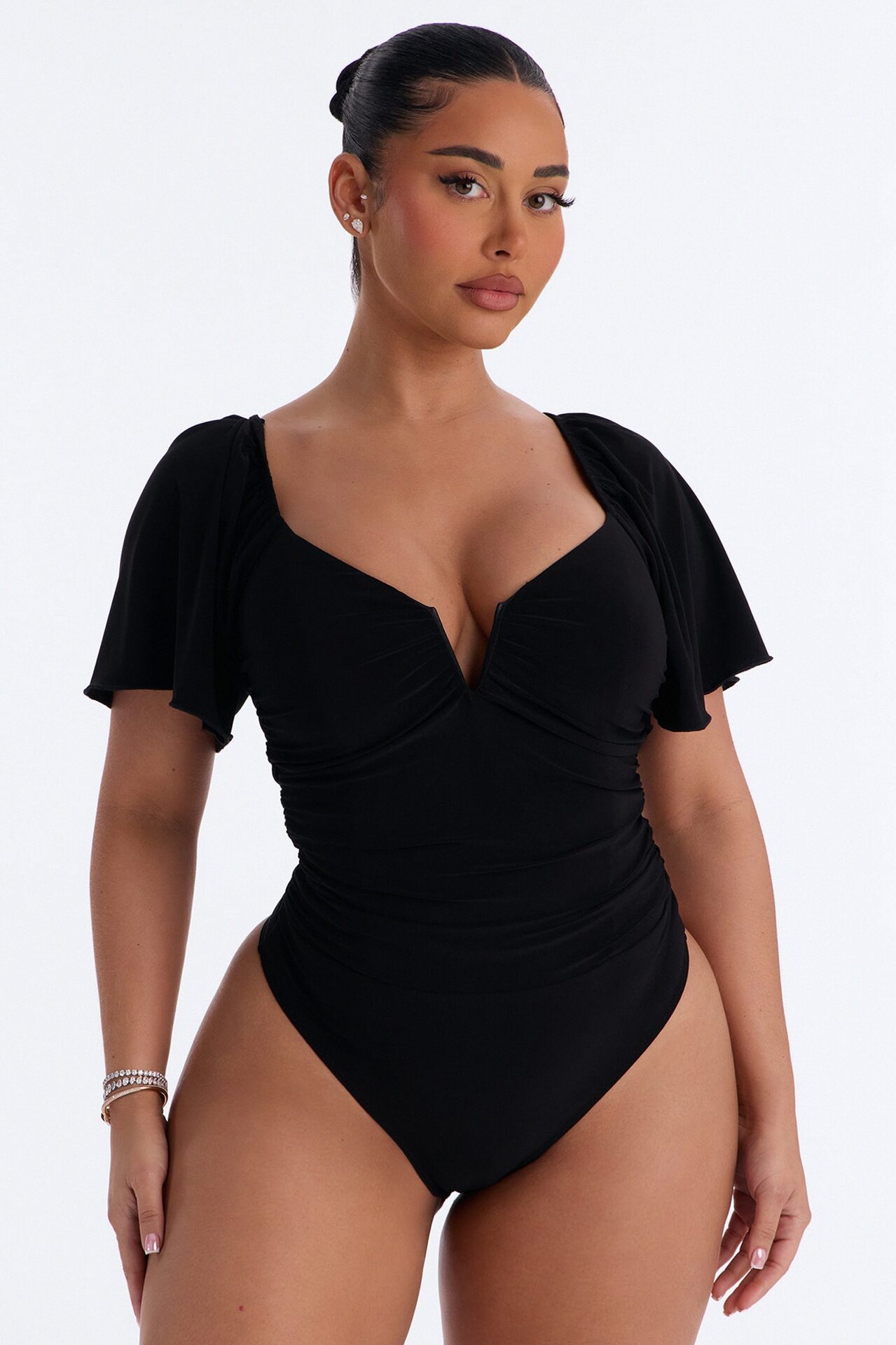 Kayali Ruched Short Sleeve Bodysuit - Black