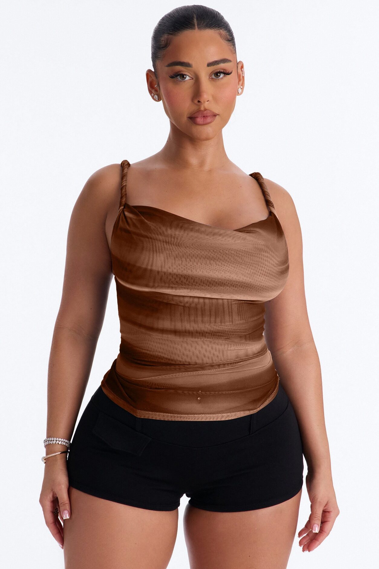 Abstract Dream Mesh Cowl Neck Twist Top - Taupe/combo