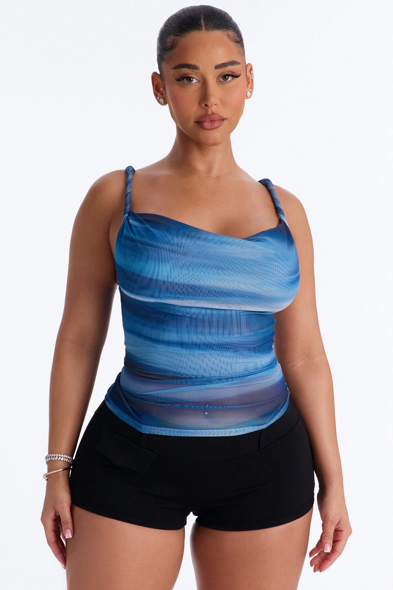 Abstract Dream Mesh Cowl Neck Twist Top - Blue/combo