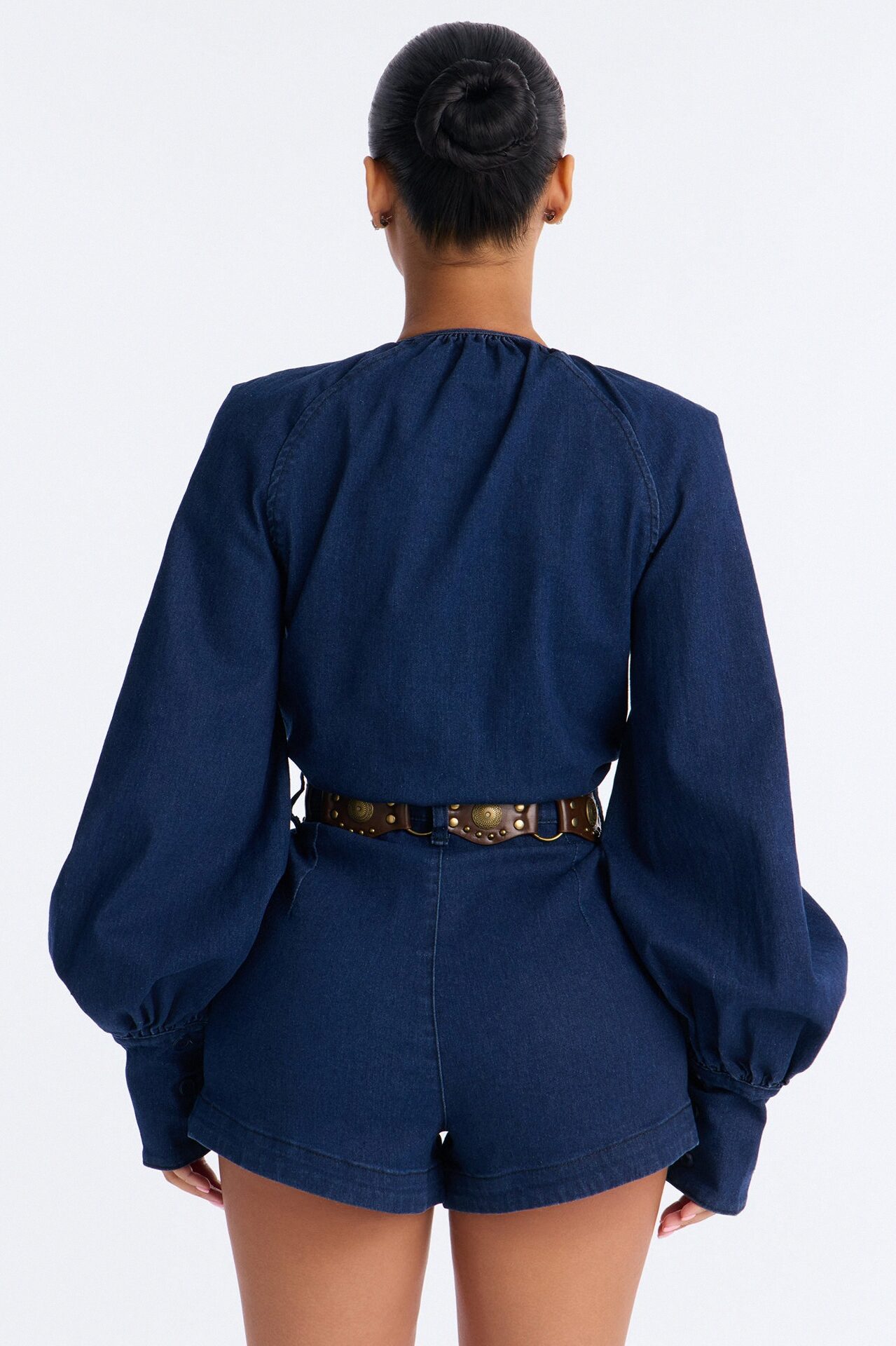 Off To La Quinta Belted Romper - Dark Wash