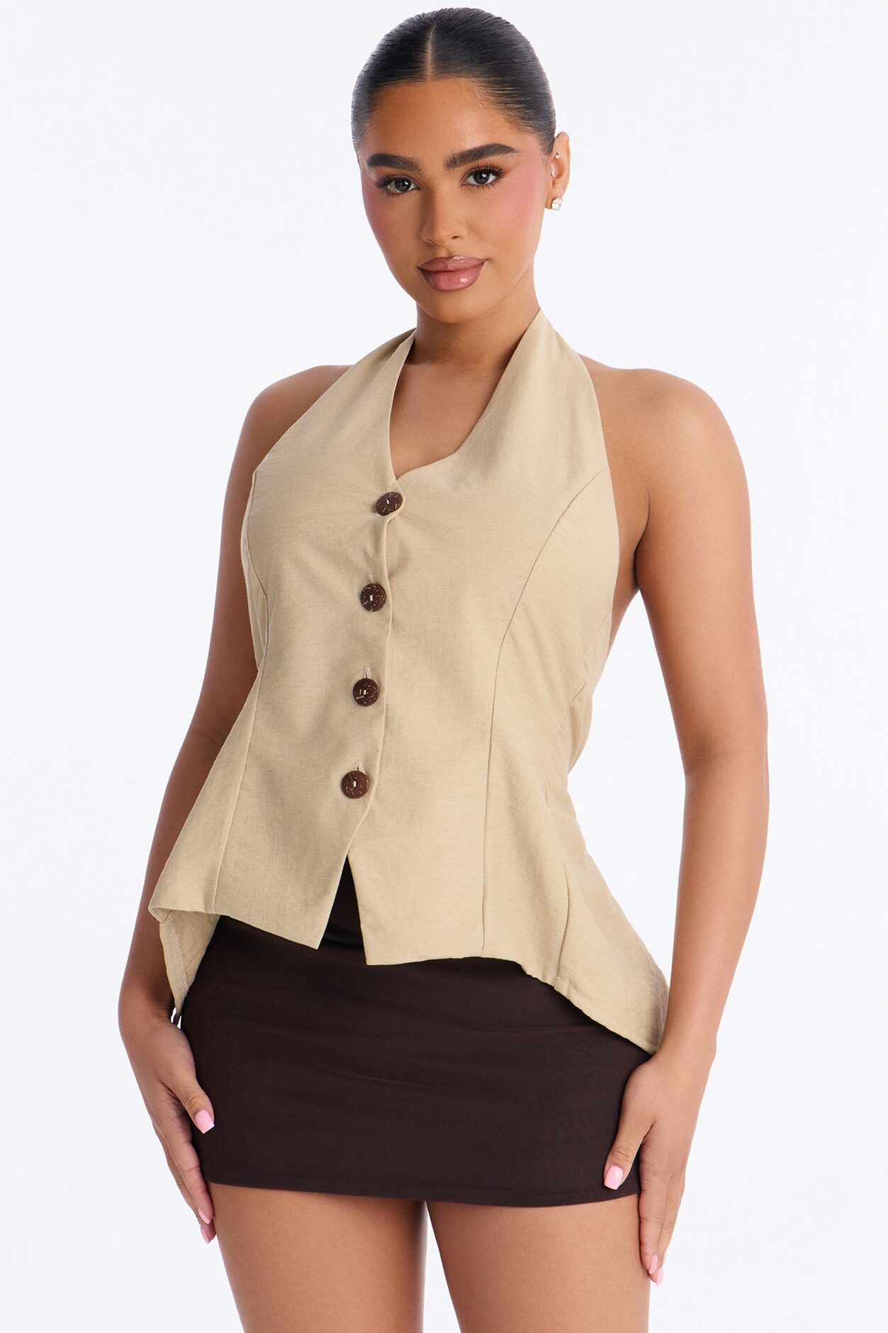Slow Moments Matter Button Up Linen Halter Top - Beige