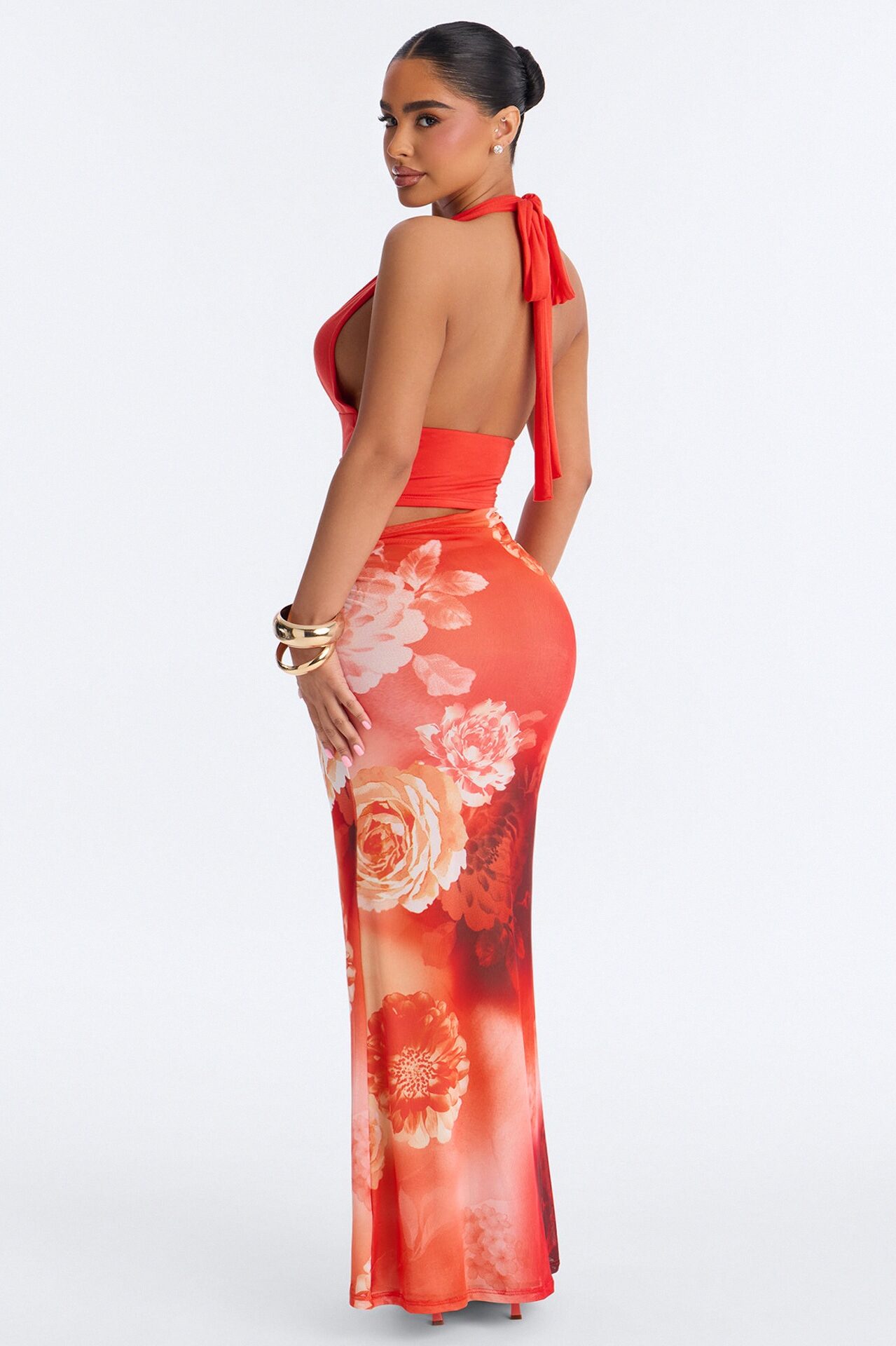 Ainslee Floral Mesh Maxi Dress - Orange/combo