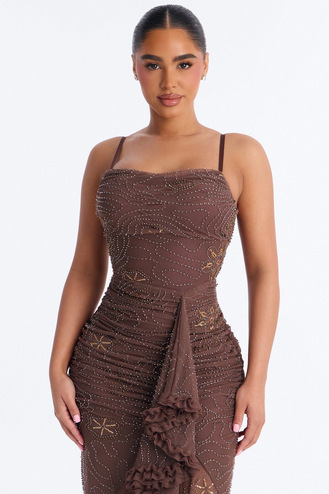 Elora Beaded Mesh Maxi Dress - Brown