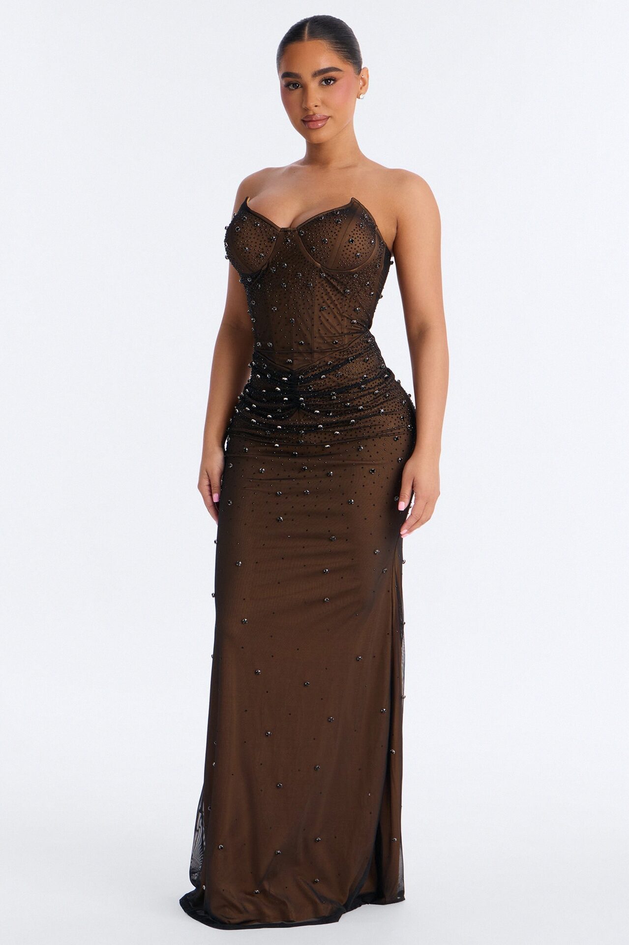 Zola Corset Rhinestone Mesh Gown - Black