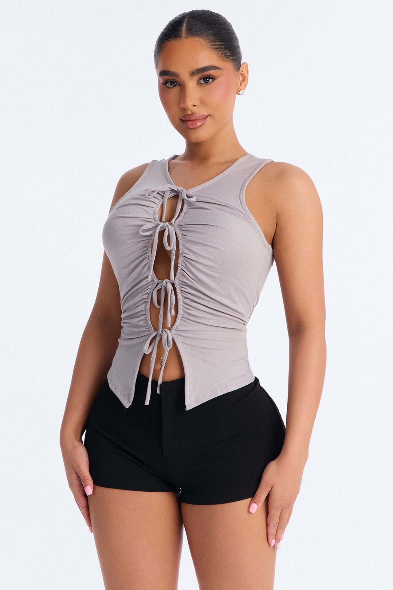 Mina Cut Out Ruched Tie Front Tank Top - Grey