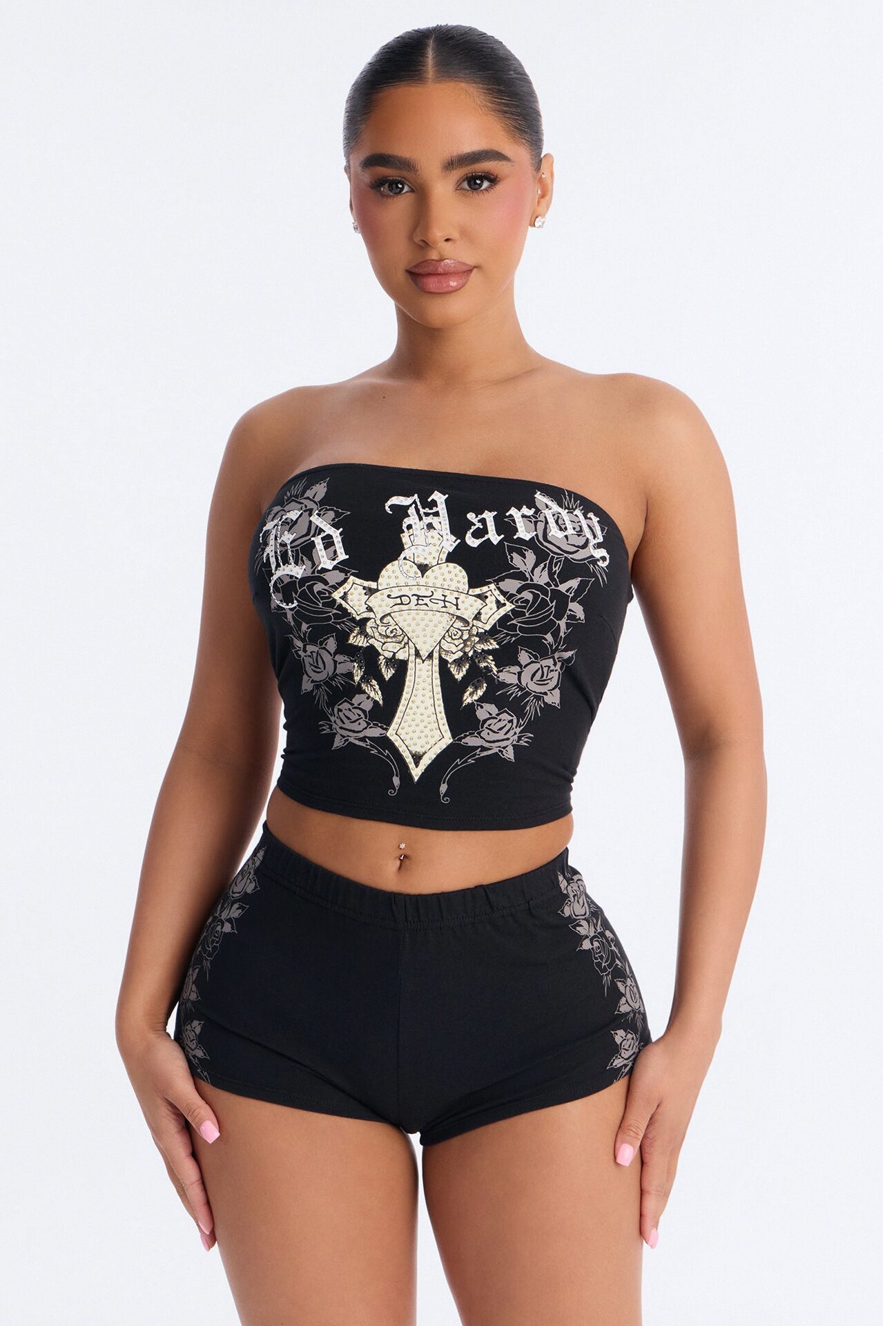 Ed Hardy Rose Cross Micro Short Set - Black