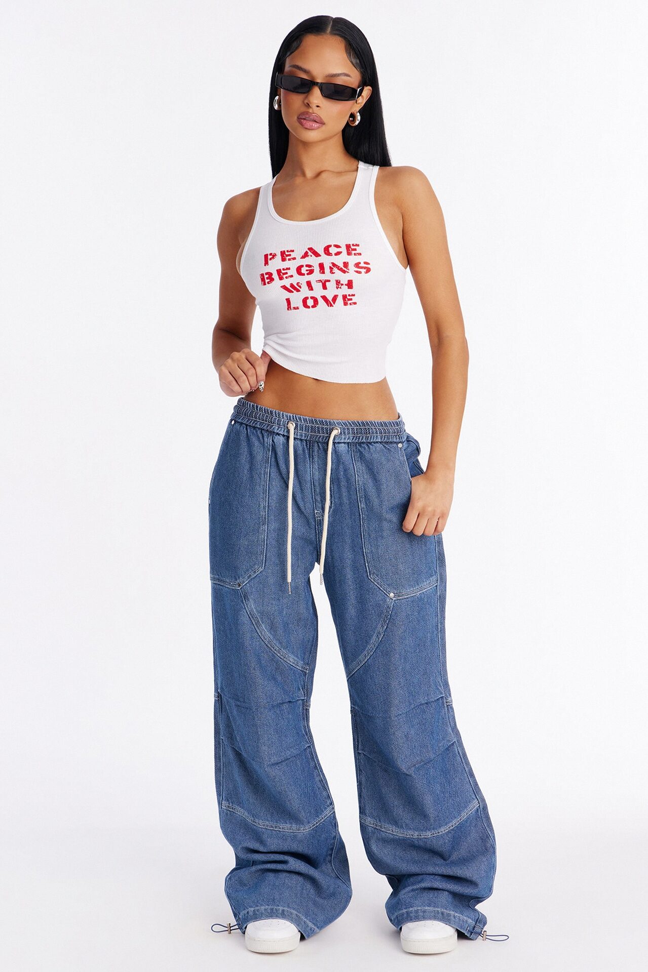Flying Solo Drapey Tie Waist Jogger Jeans - Medium Wash
