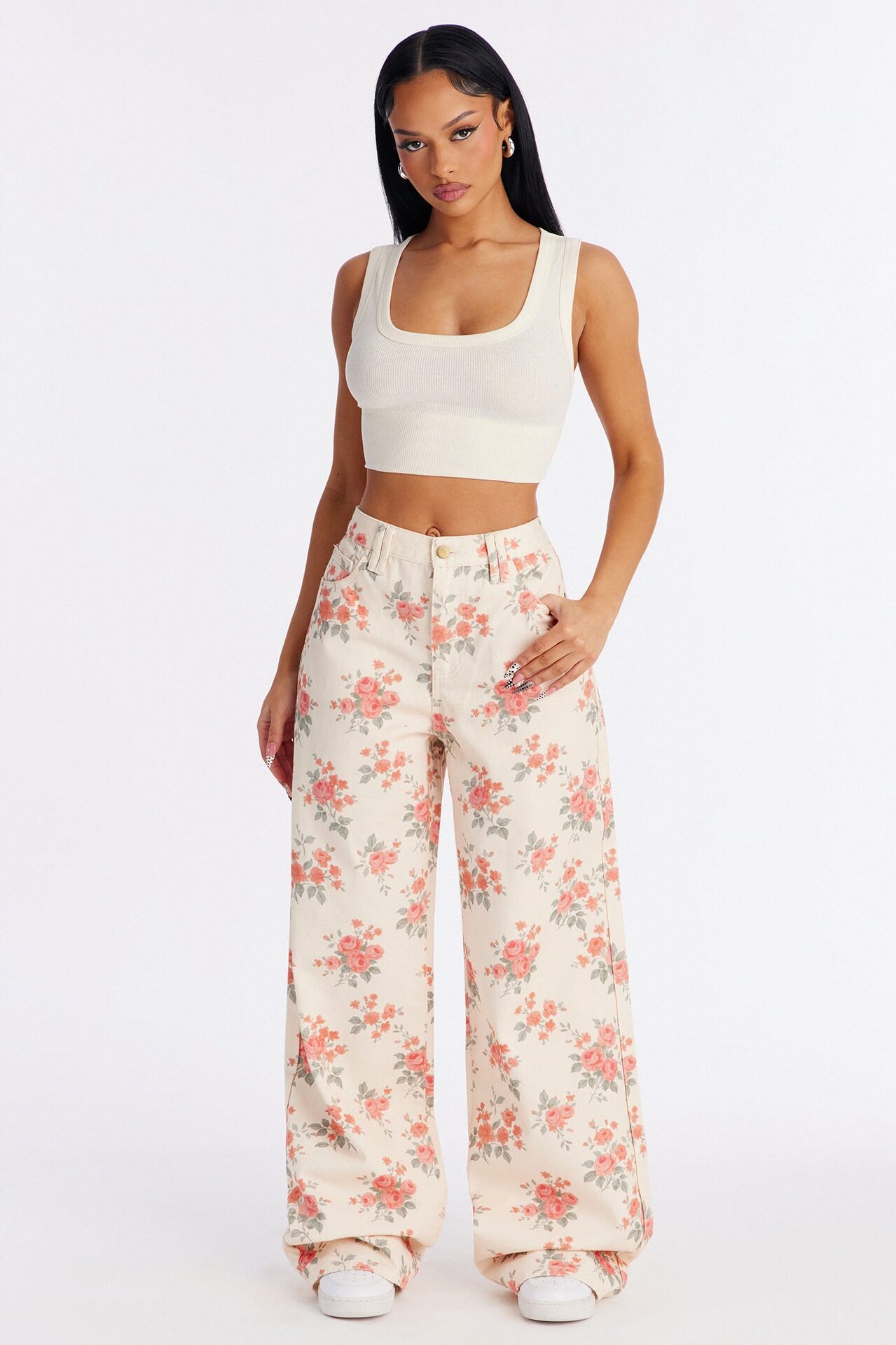 Tea Time Floral Wide Leg Jeans - Cream/combo