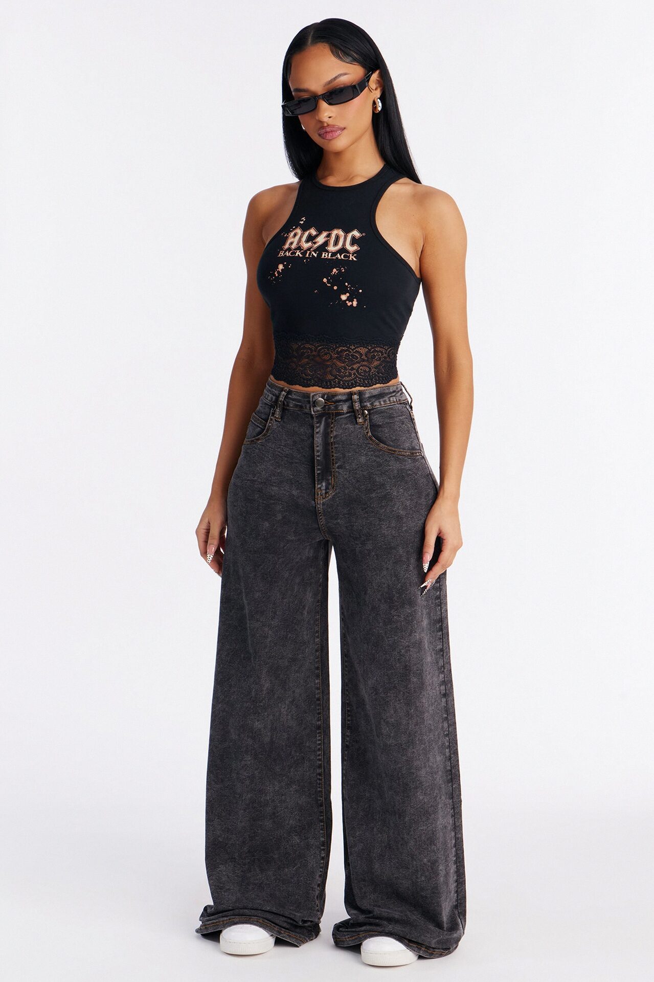 ACDC Cropped Muscle Tank With Lace Trim - Black