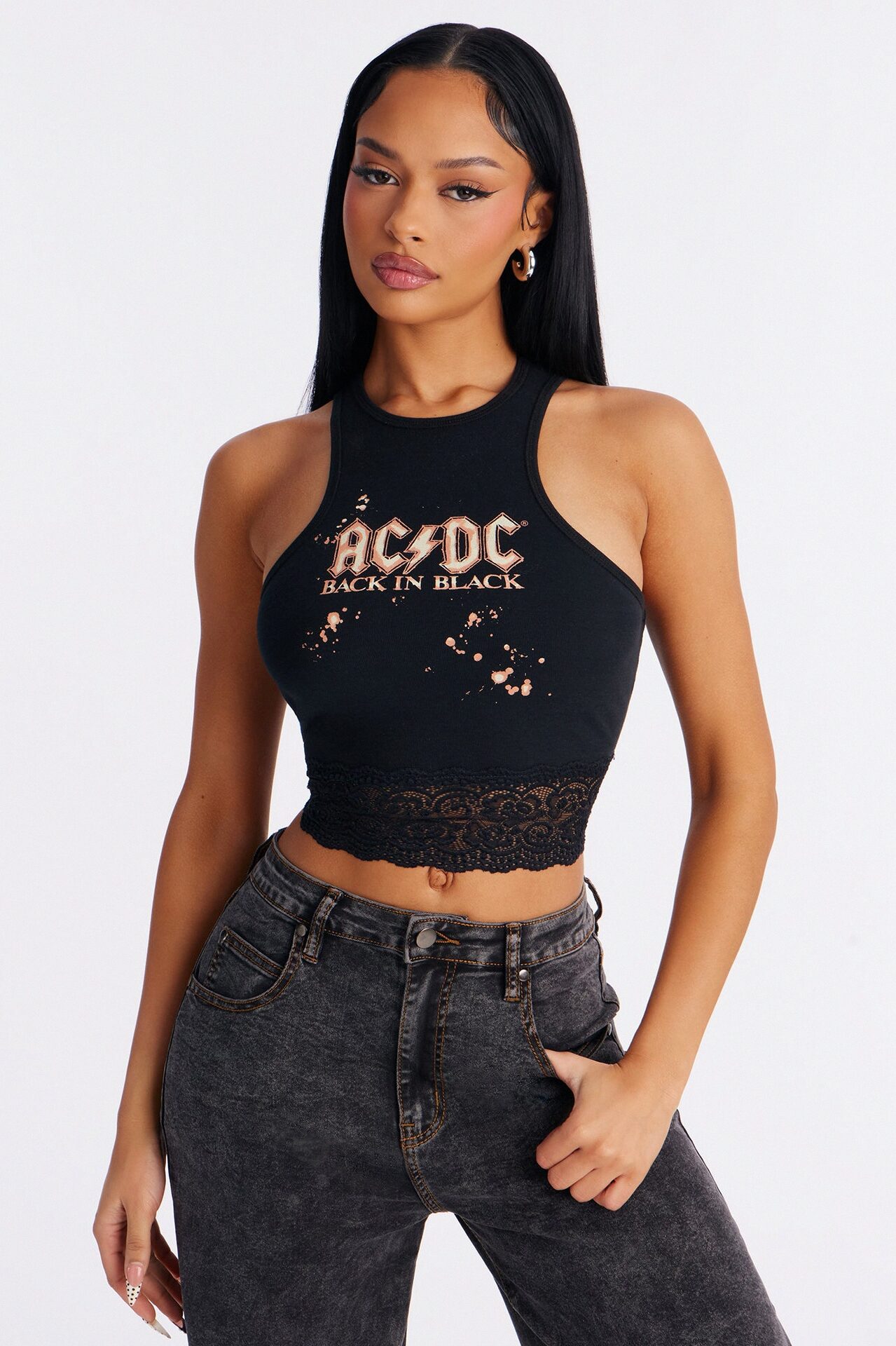 ACDC Cropped Muscle Tank With Lace Trim - Black