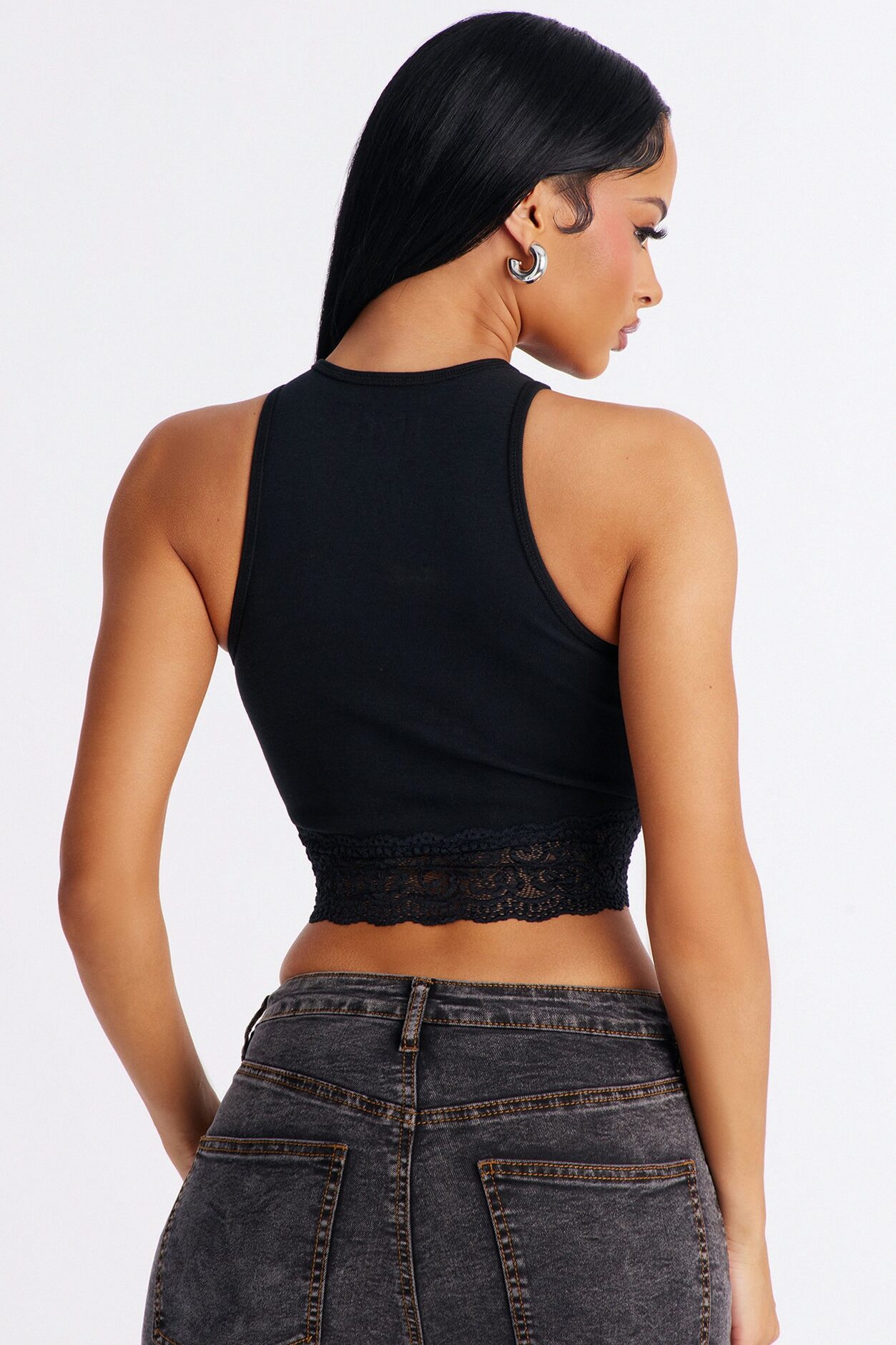ACDC Cropped Muscle Tank With Lace Trim - Black