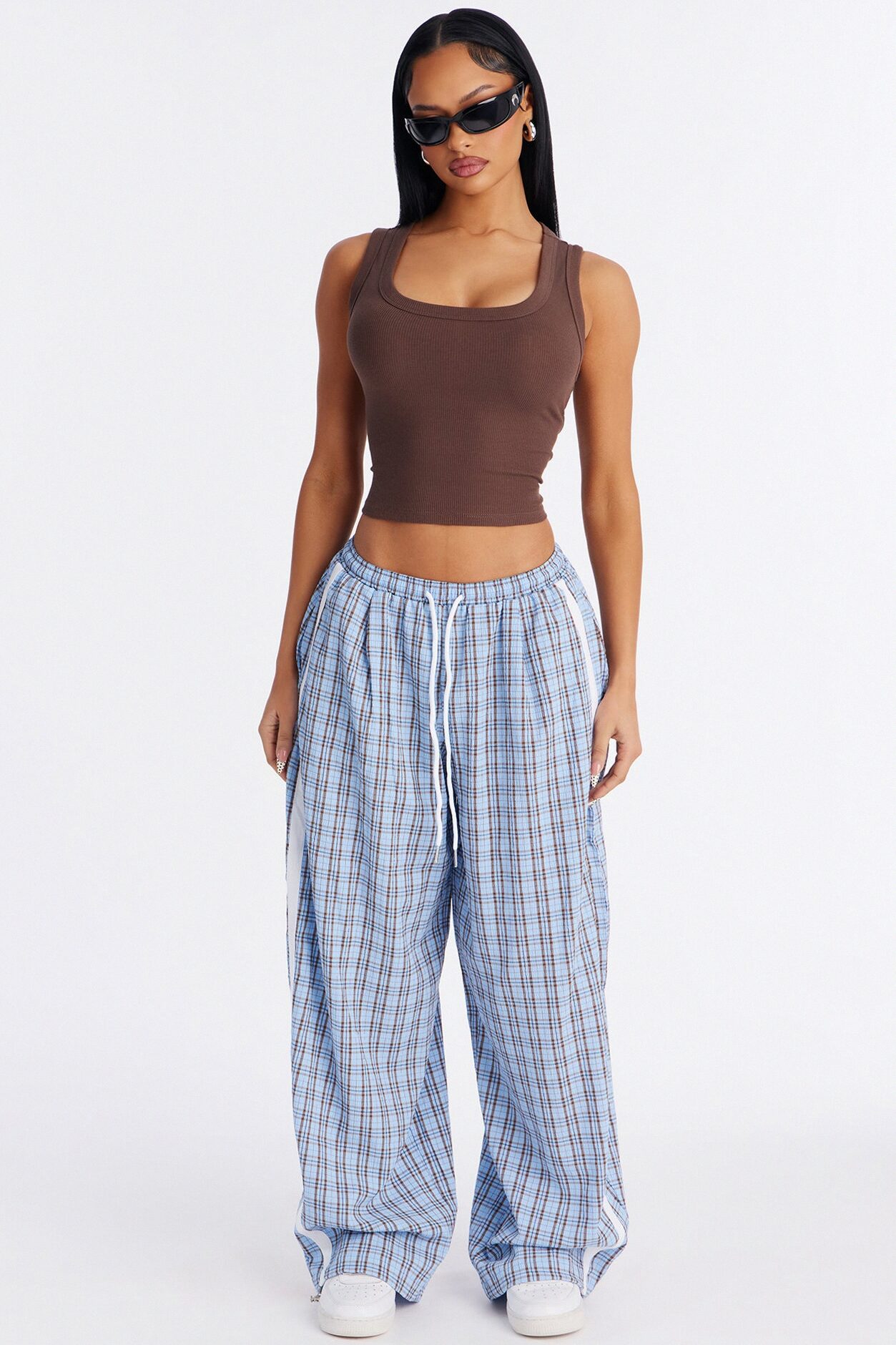Kori Mid Rise Plaid Wide Leg Pant 31″ - Blue/combo