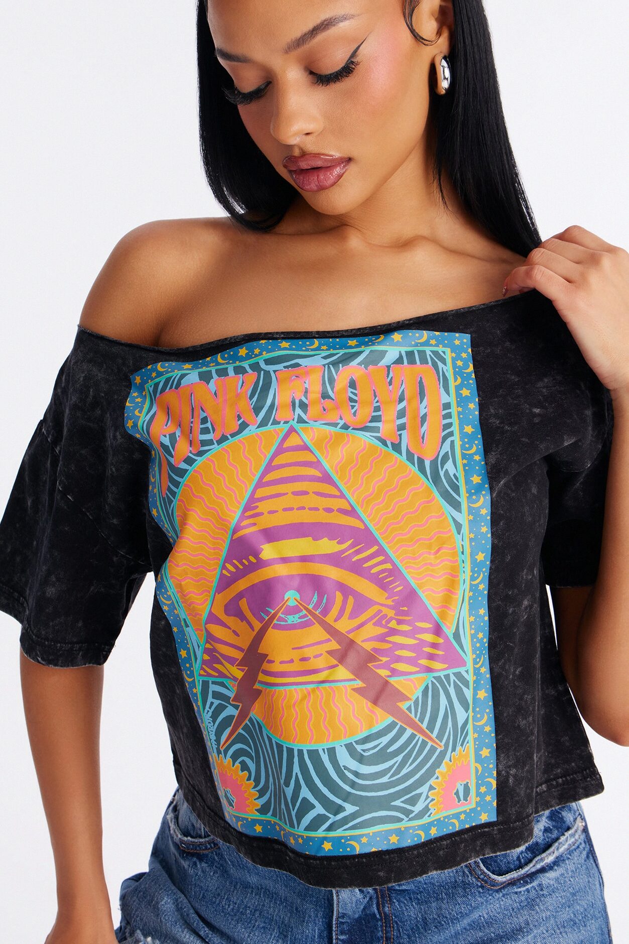 Pink Floyd Washed Off Shoulder Tee - Black Wash