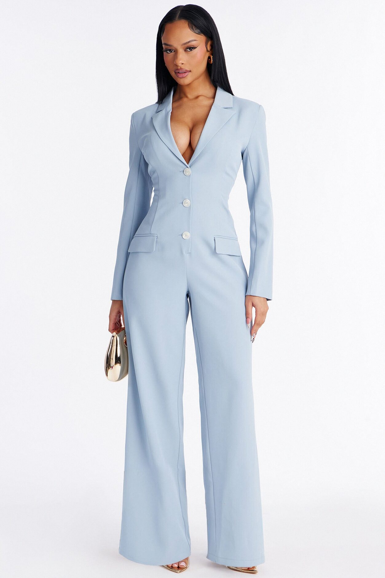 Office Hours Wide Leg Jumpsuit - Dusty Blue