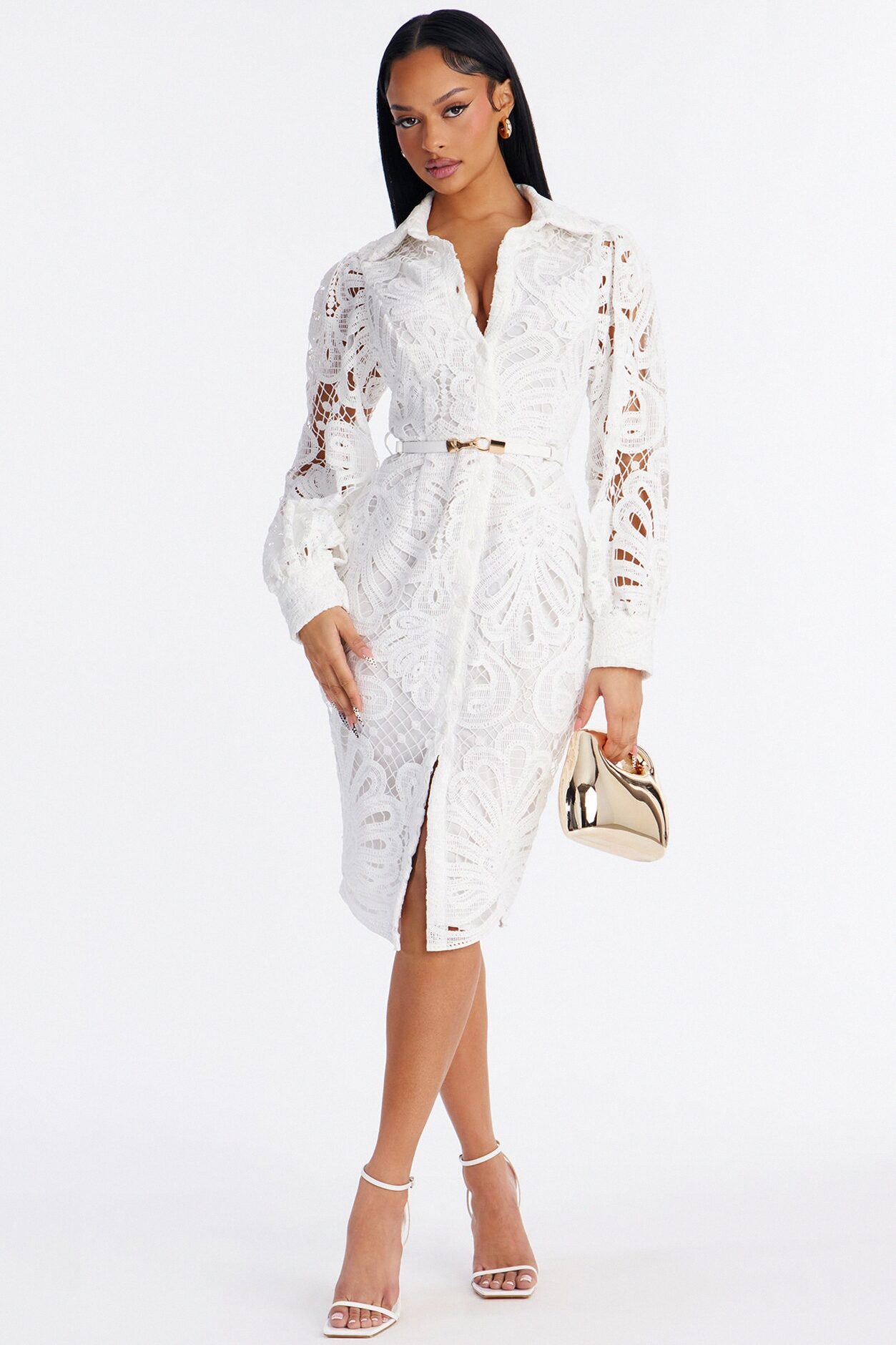 Annette Belted Lace Midi Dress - White