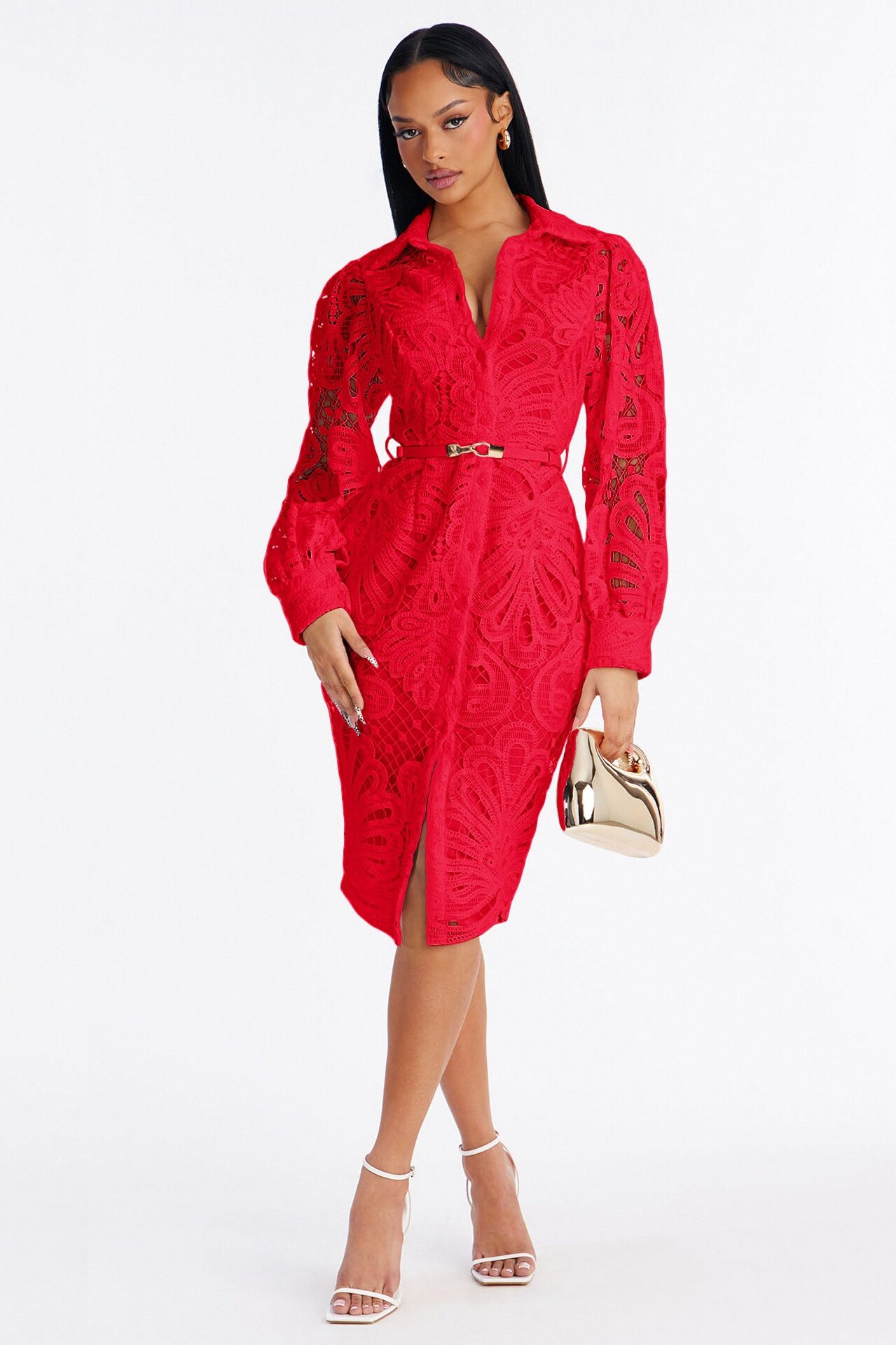 Annette Belted Lace Midi Dress - Red