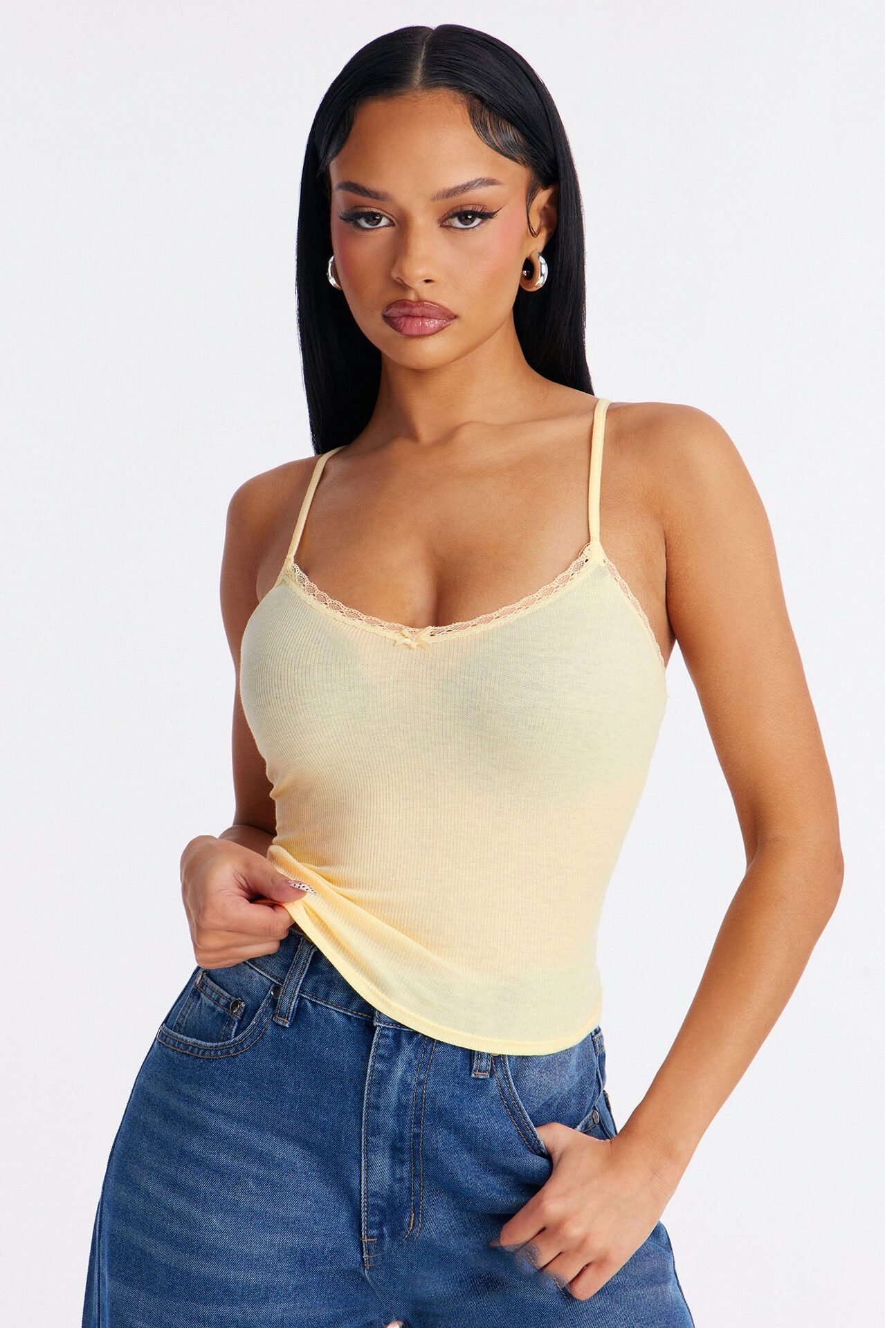 Nellie Basic Lace Trim Cami Top - Yellow