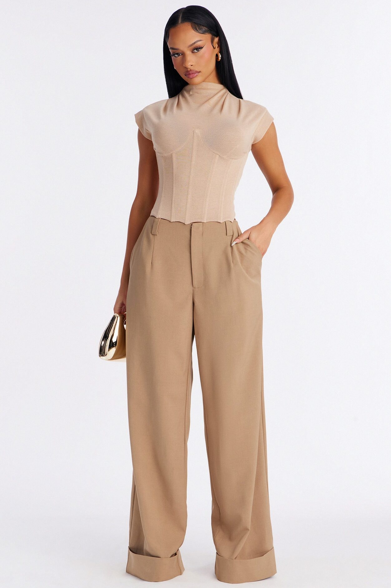Serene Sculpt Mock Neck Short Sleeve Corset Top - Taupe