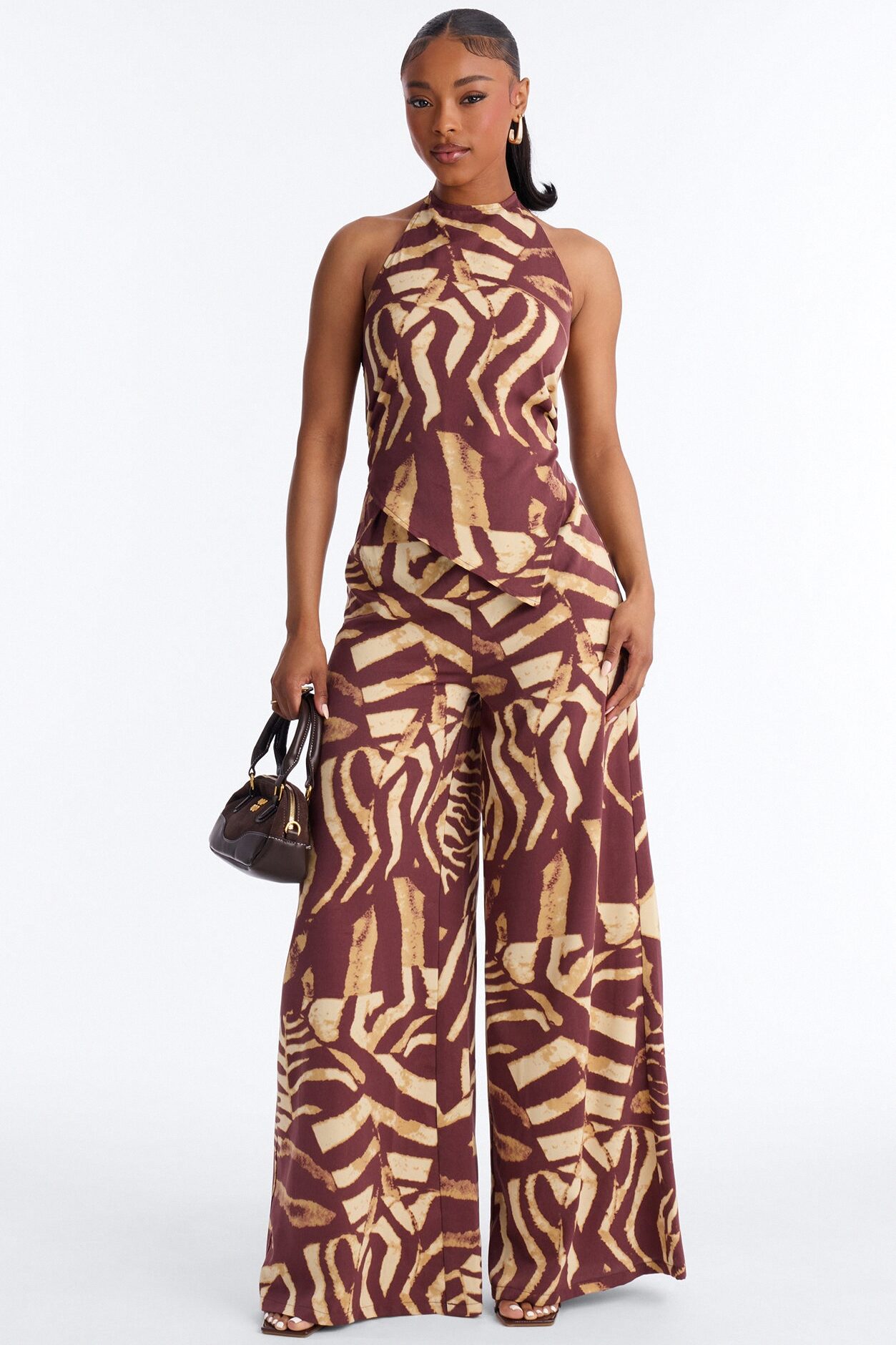 Mara Halter Wide Leg Jumpsuit - Brown/combo