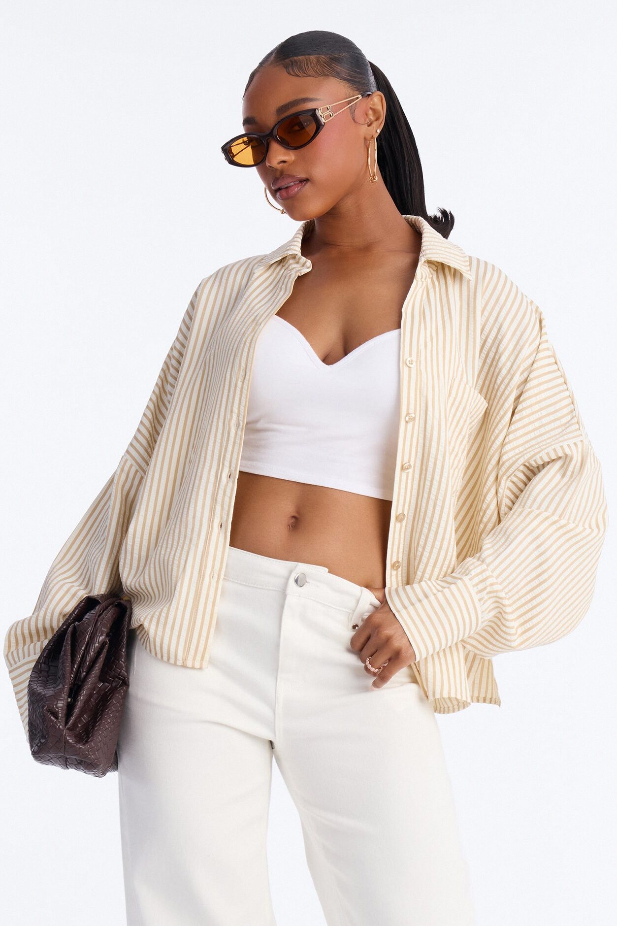 Stay Curious Oversized Stripe Shirt - Taupe