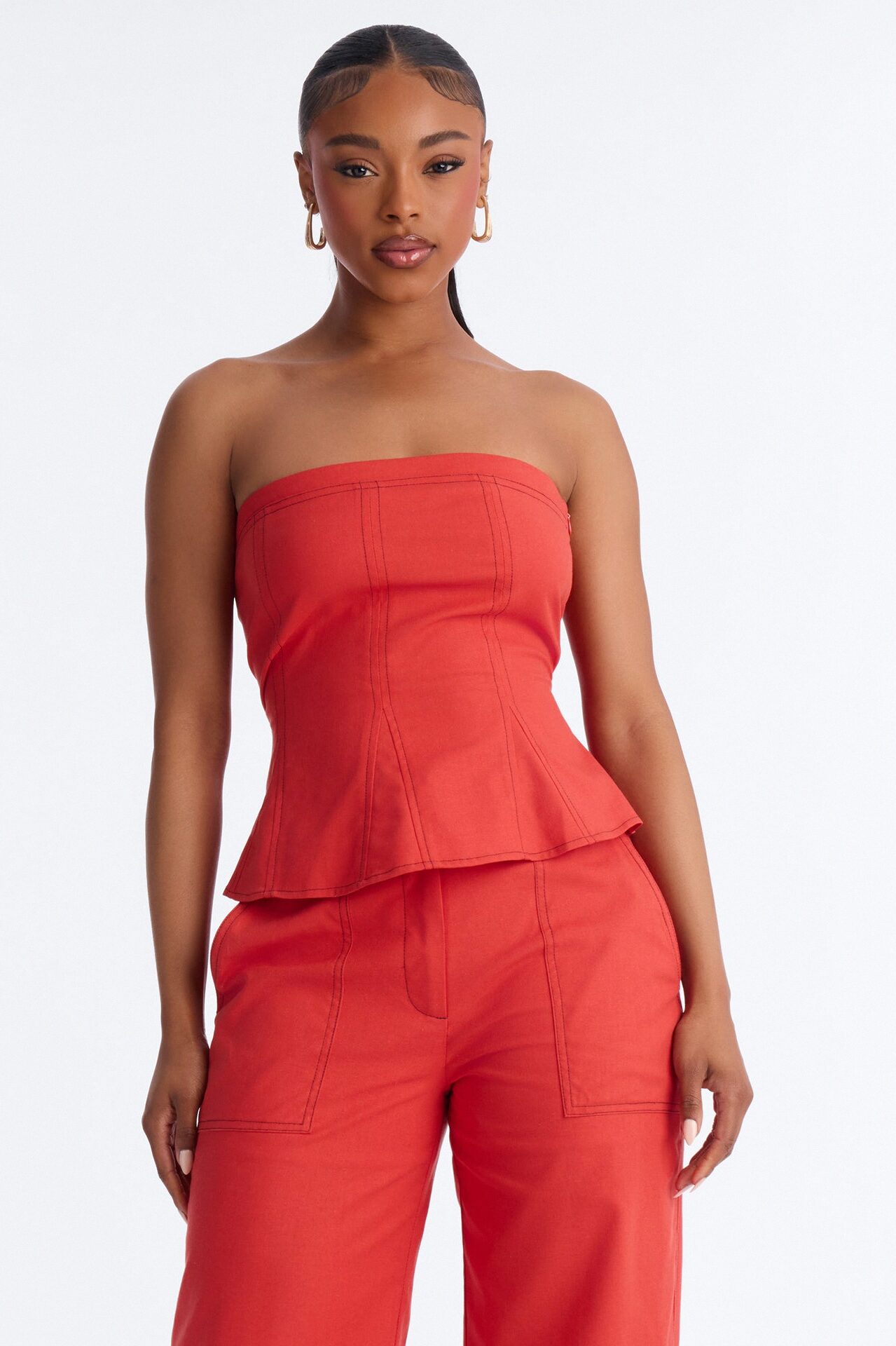 Olivia Linen Strapless Pant Set - Red