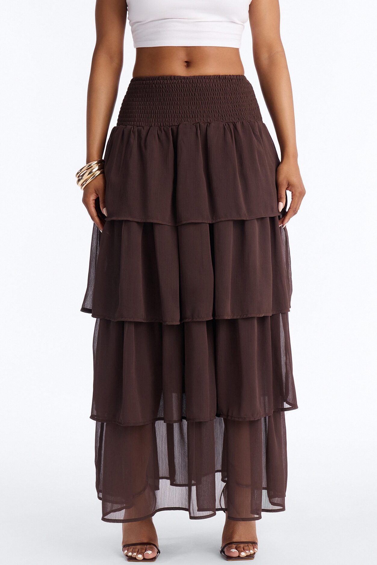 Bohemian Goddess Chiffon Tiered Ruffle Maxi 40″ - Chocolate
