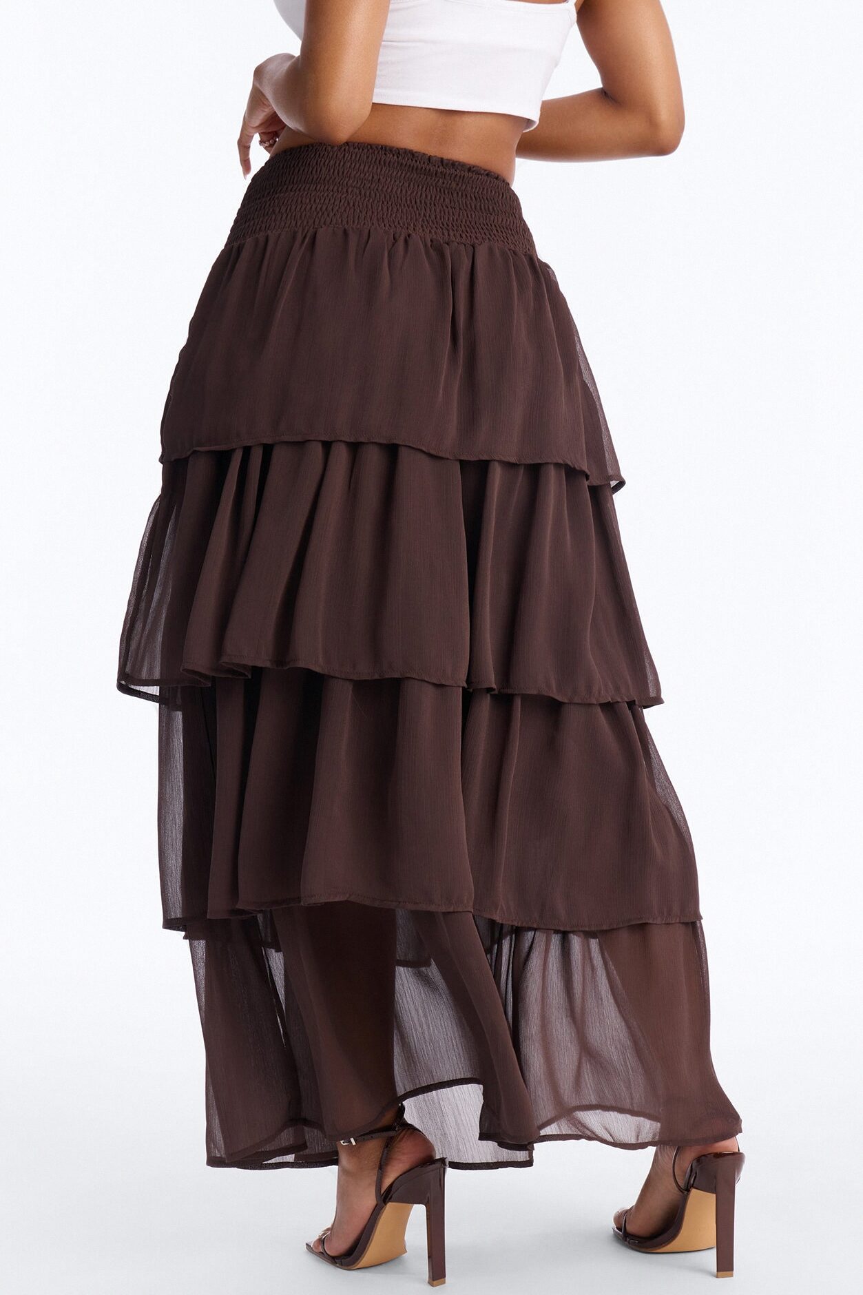 Bohemian Goddess Chiffon Tiered Ruffle Maxi 40″ - Chocolate