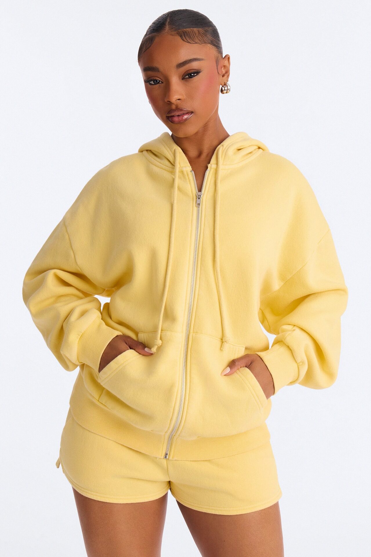 On The Run Washed Fleece Short Set - Yellow