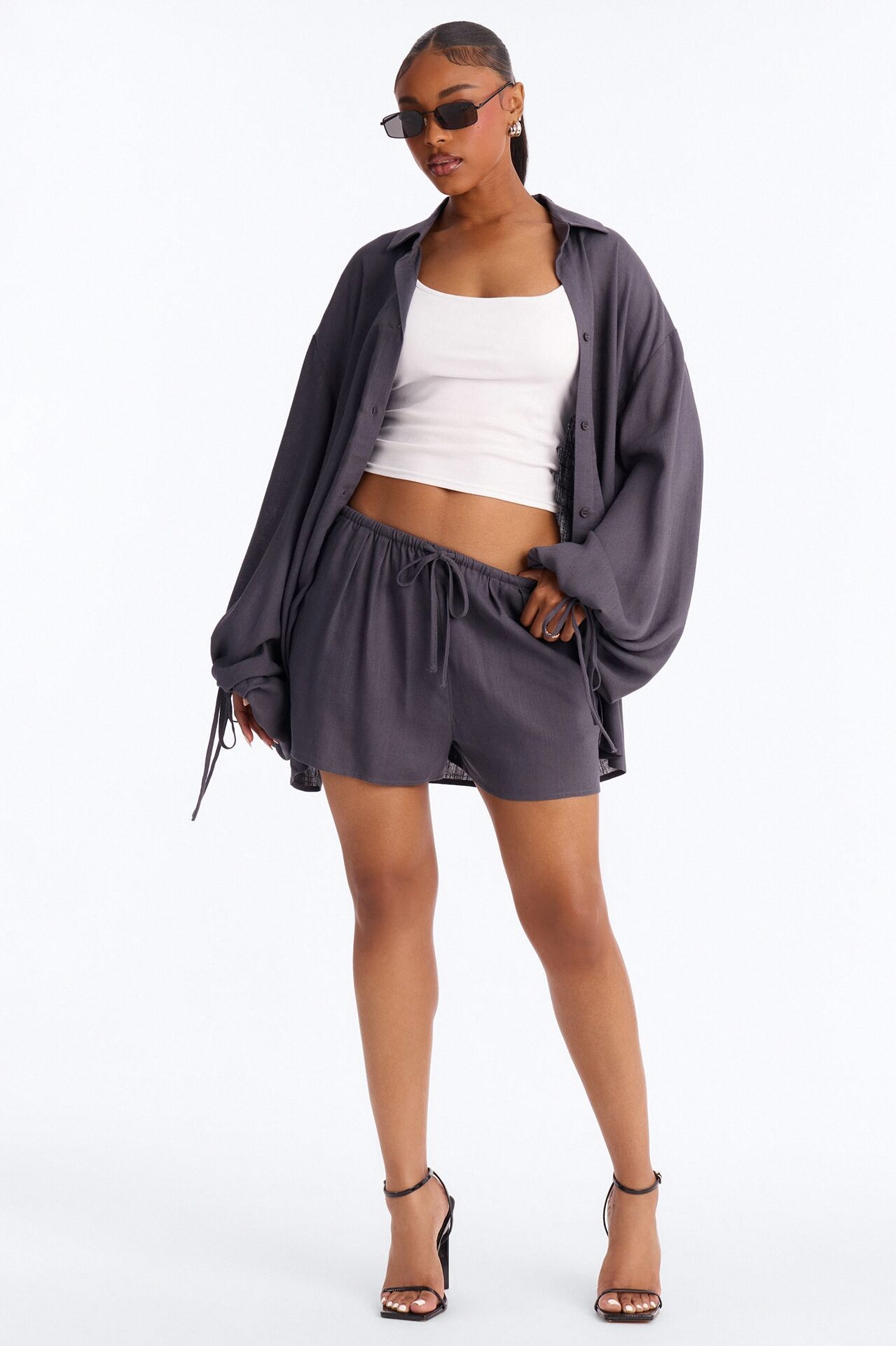 Corinne Linen Short Set - Charcoal