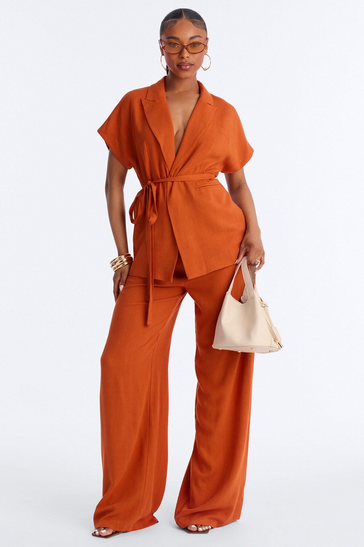 Vanna Linen Tie Waist Pant Set - Rust