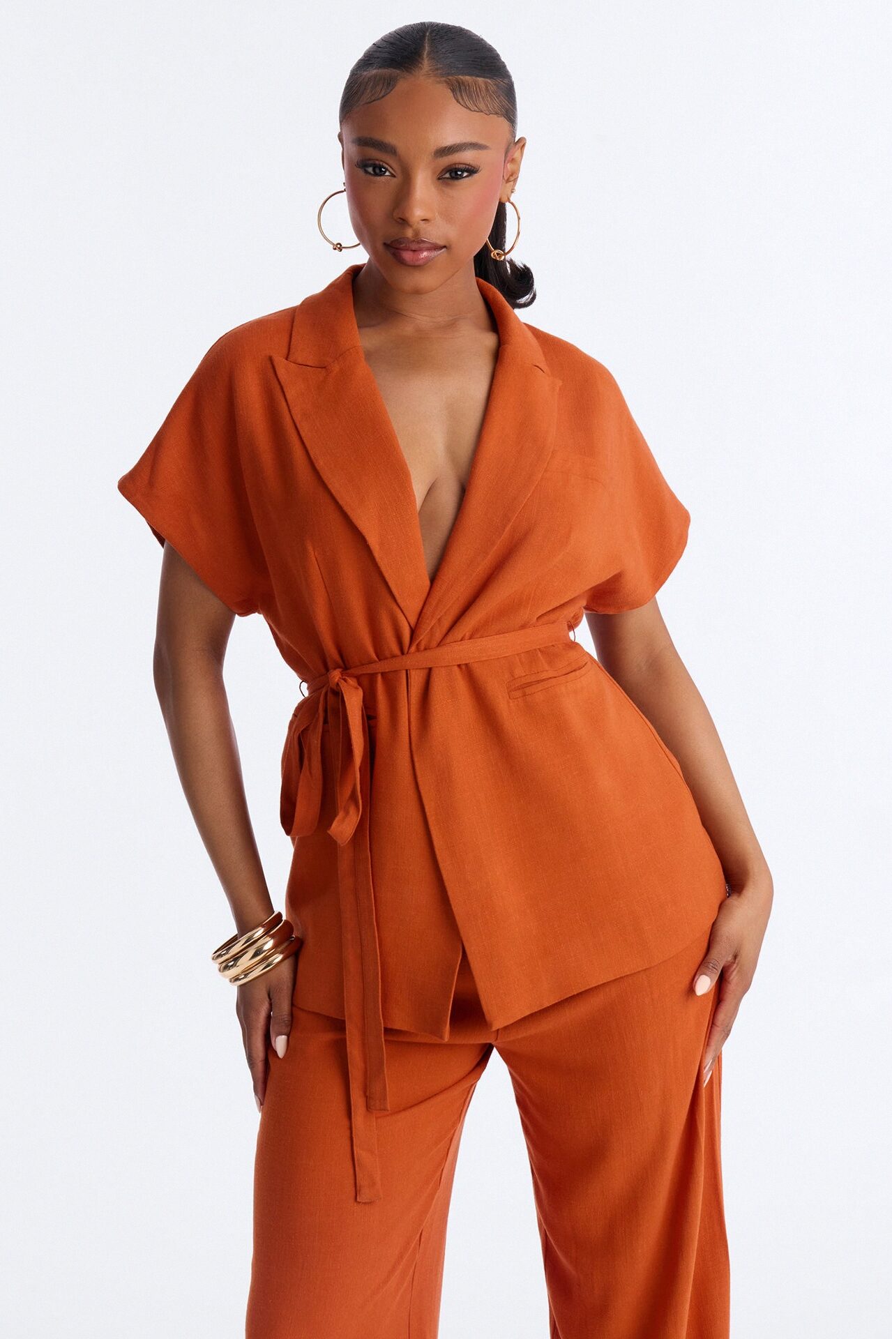 Vanna Linen Tie Waist Pant Set - Rust