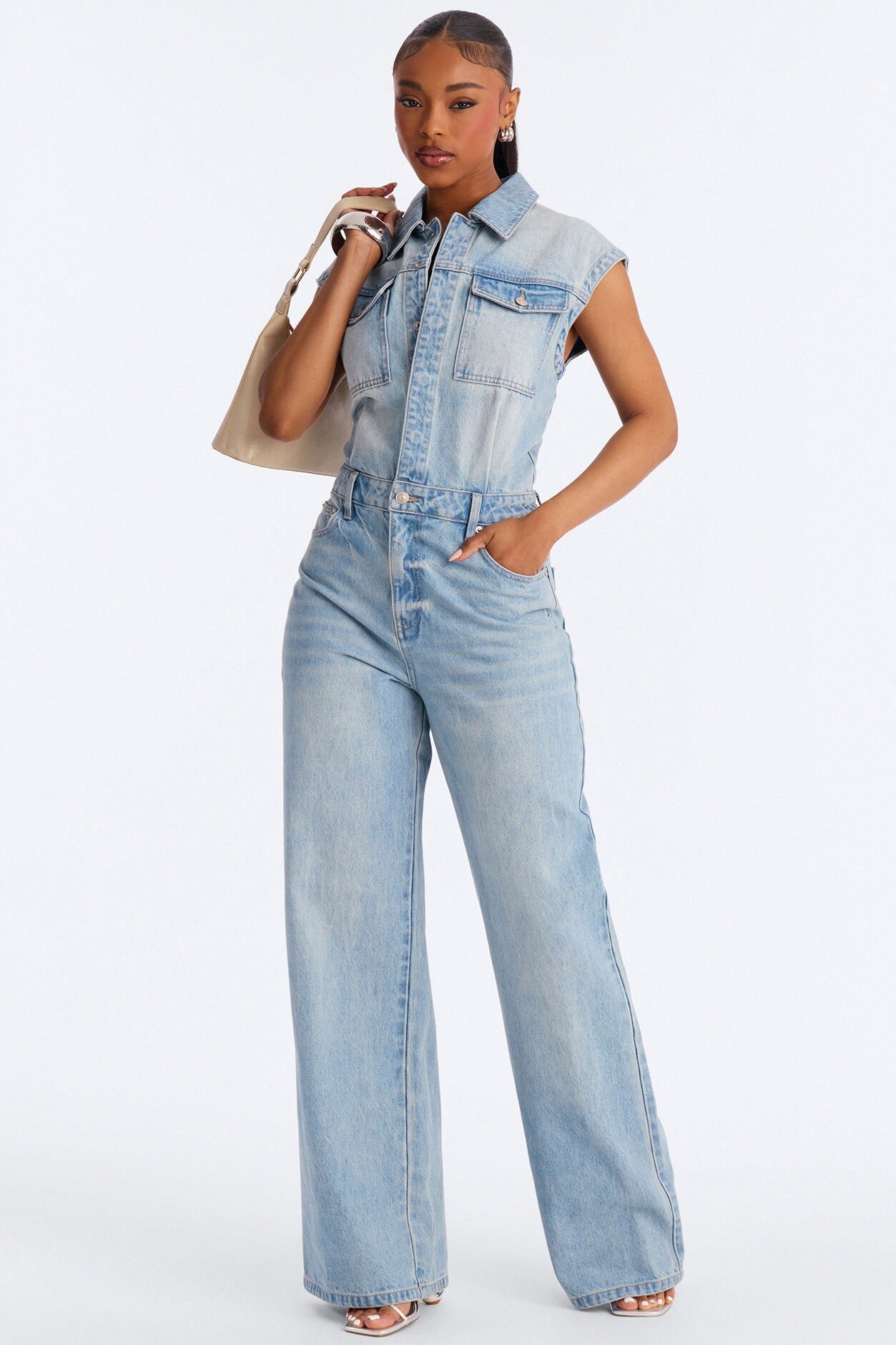 Let's Move Sleeveless Denim Wide Leg Jumpsuit - Light Wash
