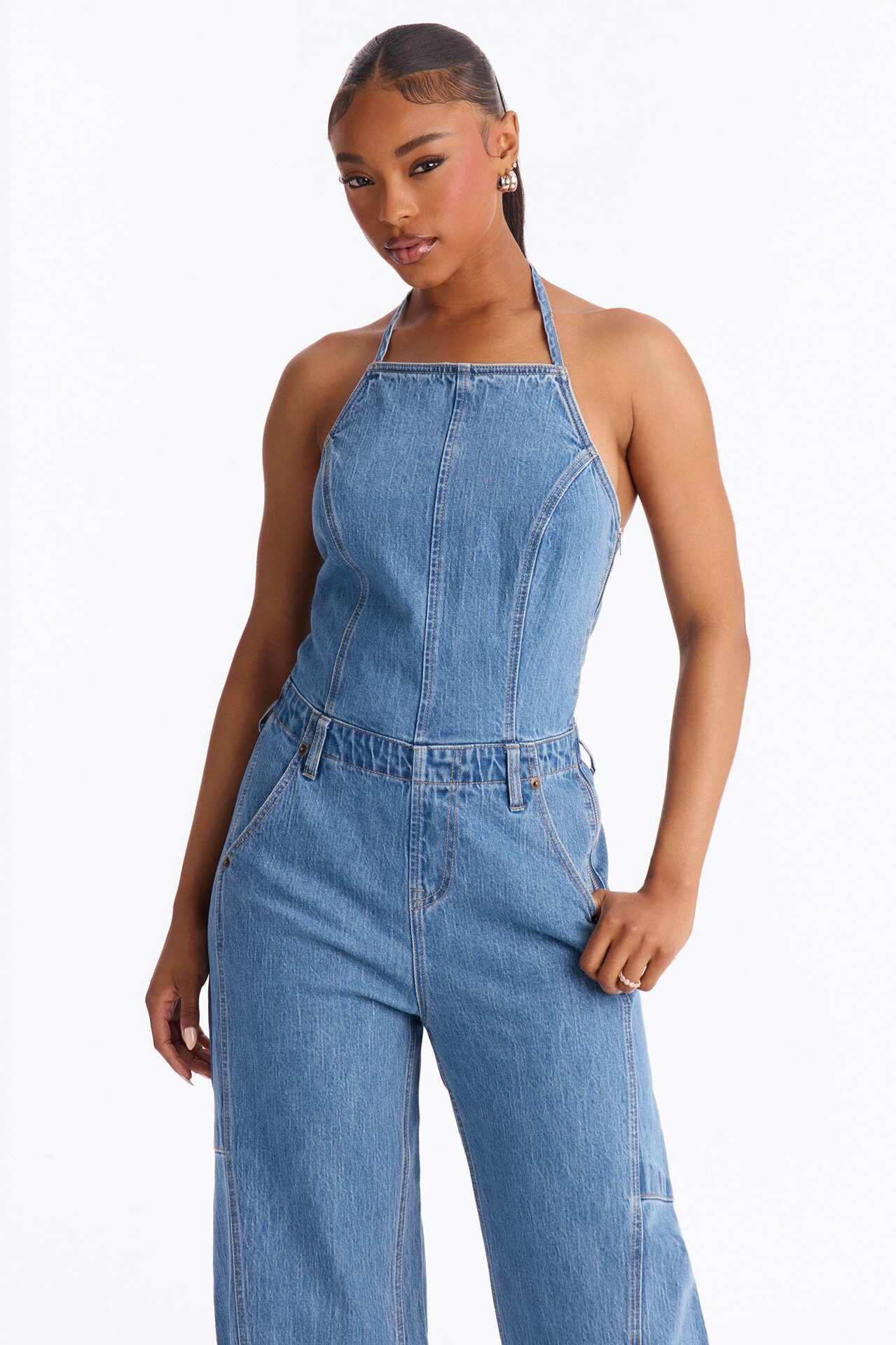 Tiana Backless Denim Barrel Leg Jumpsuit - Medium Wash