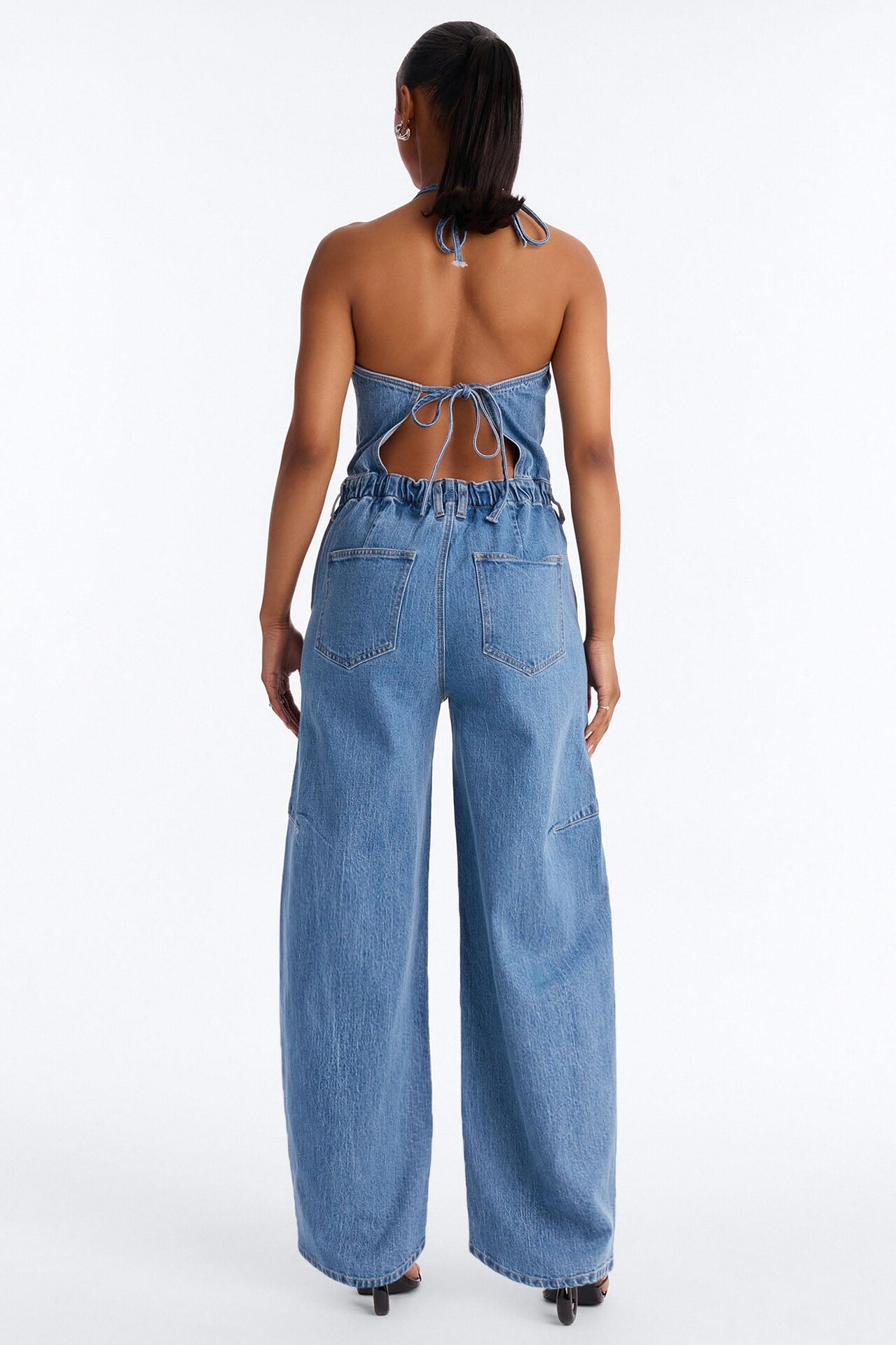 Tiana Backless Denim Barrel Leg Jumpsuit - Medium Wash