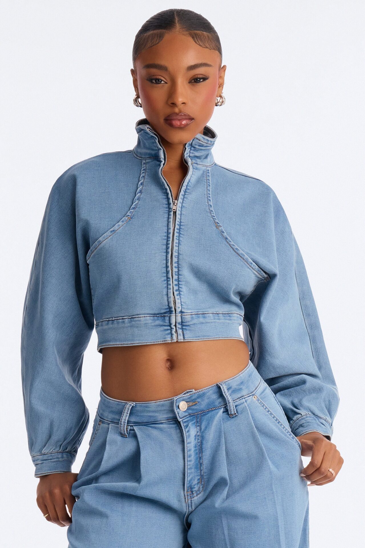 Fade Into You Jacket Knit Denim Pant Set - Denim