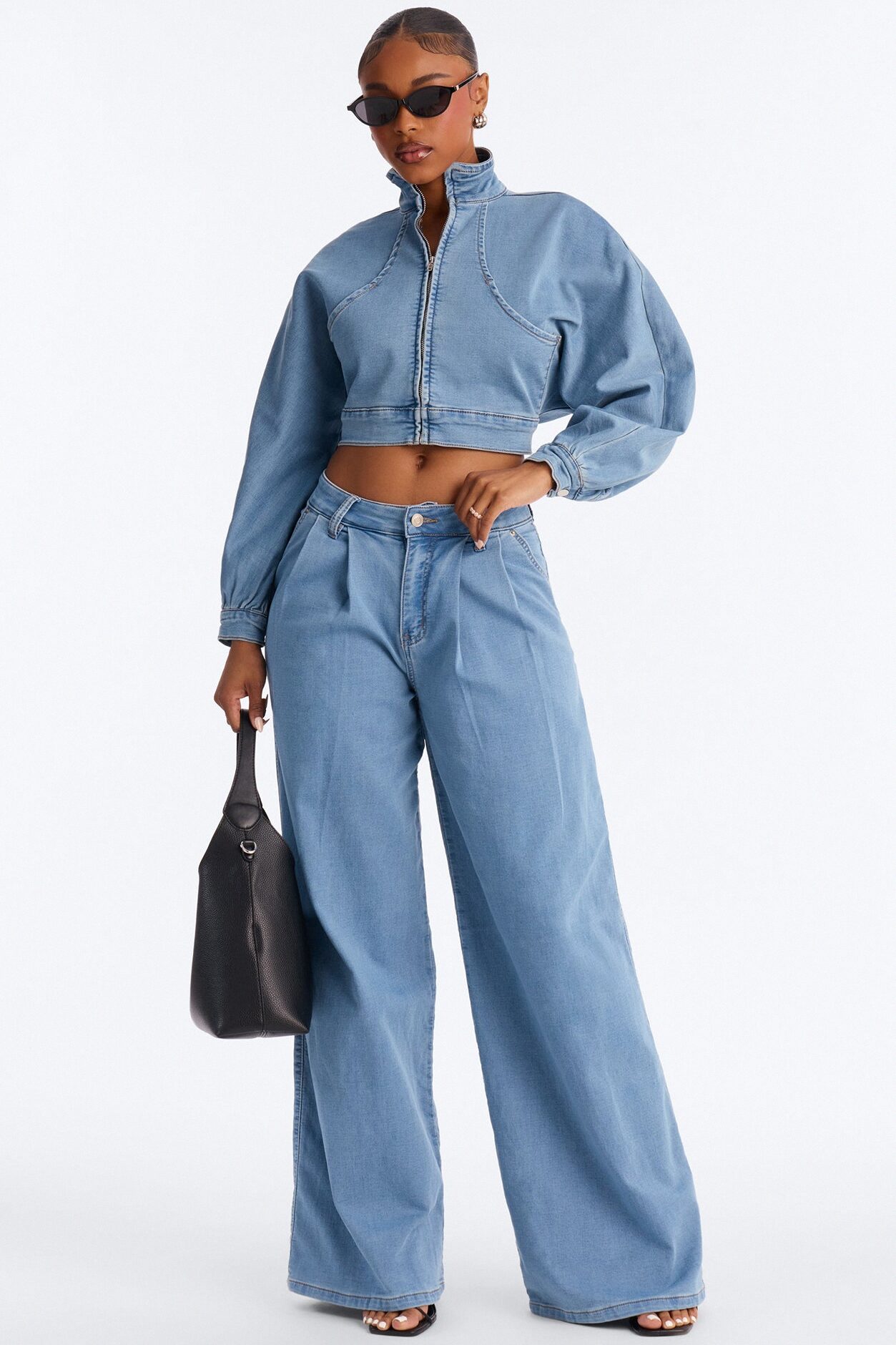 Fade Into You Jacket Knit Denim Pant Set - Denim