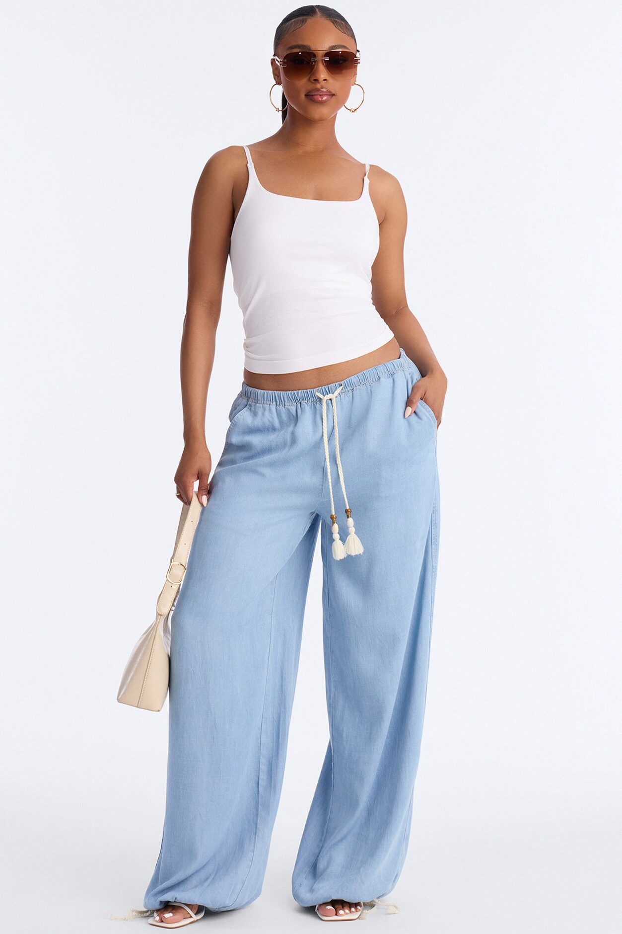 Passport Ready Loose Fit Tie Waist Drapey Jeans - Light Wash