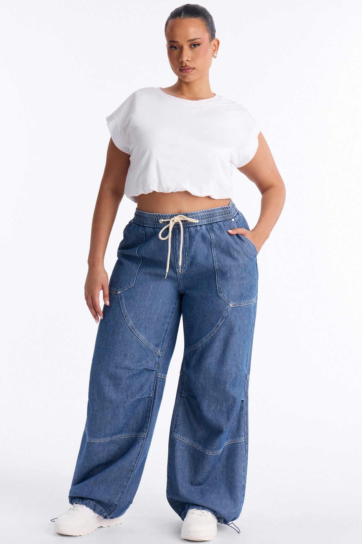 Flying Solo Drapey Tie Waist Jogger Jeans - Medium Wash