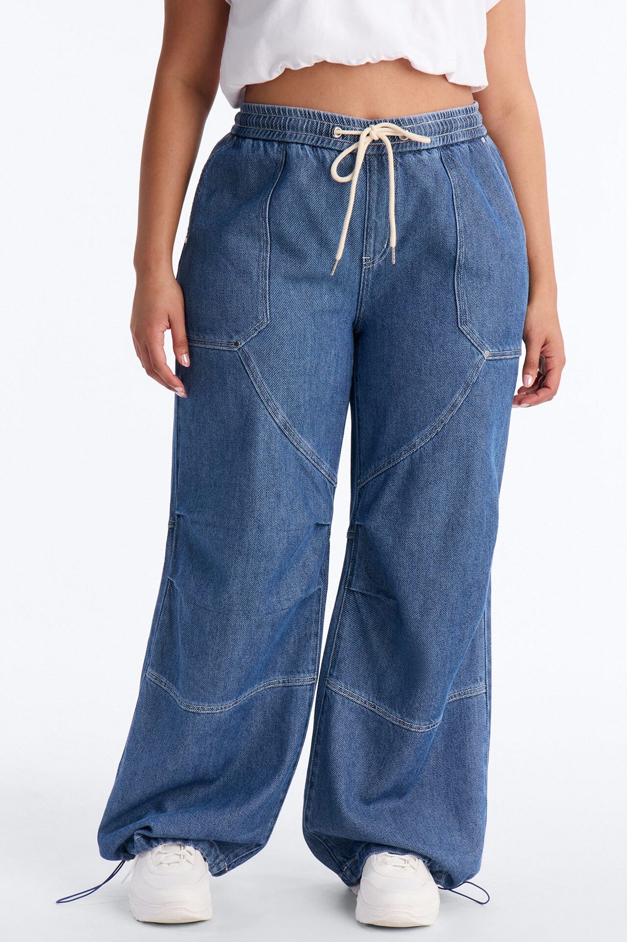 Flying Solo Drapey Tie Waist Jogger Jeans - Medium Wash
